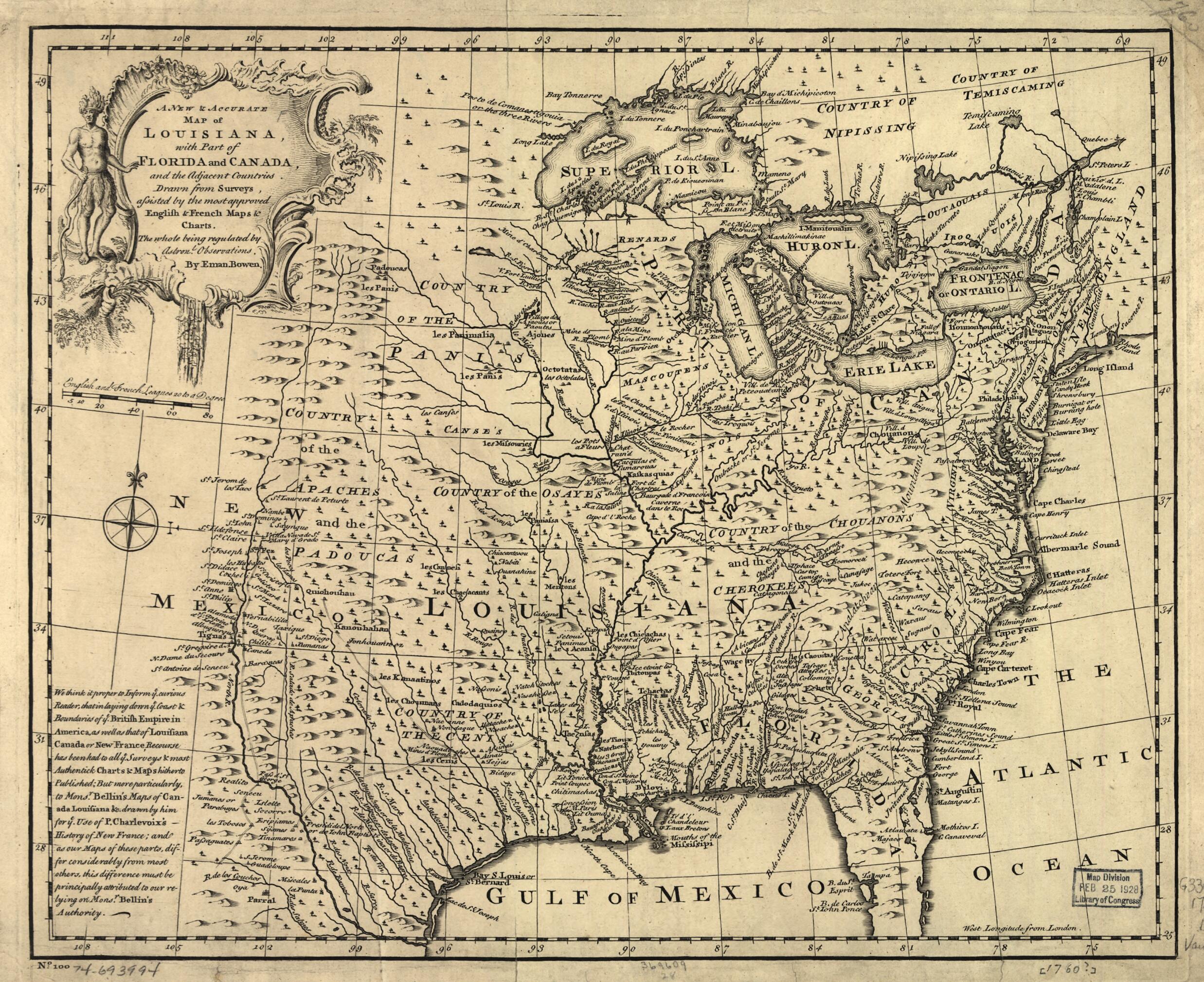 This old map of A New & Accurate Map of Louisiana, With Part of Florida and Canada, and the Adjacent Countries from 1752 was created by Emanuel Bowen in 1752