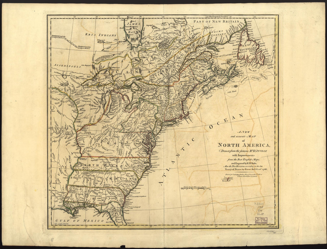 This old map of A New and Accurate Map of North America from 1768 was created by Jean Baptiste Bourguignon D Anville, Peter Bell, Carington Bowles, Richard William Seale in 1768