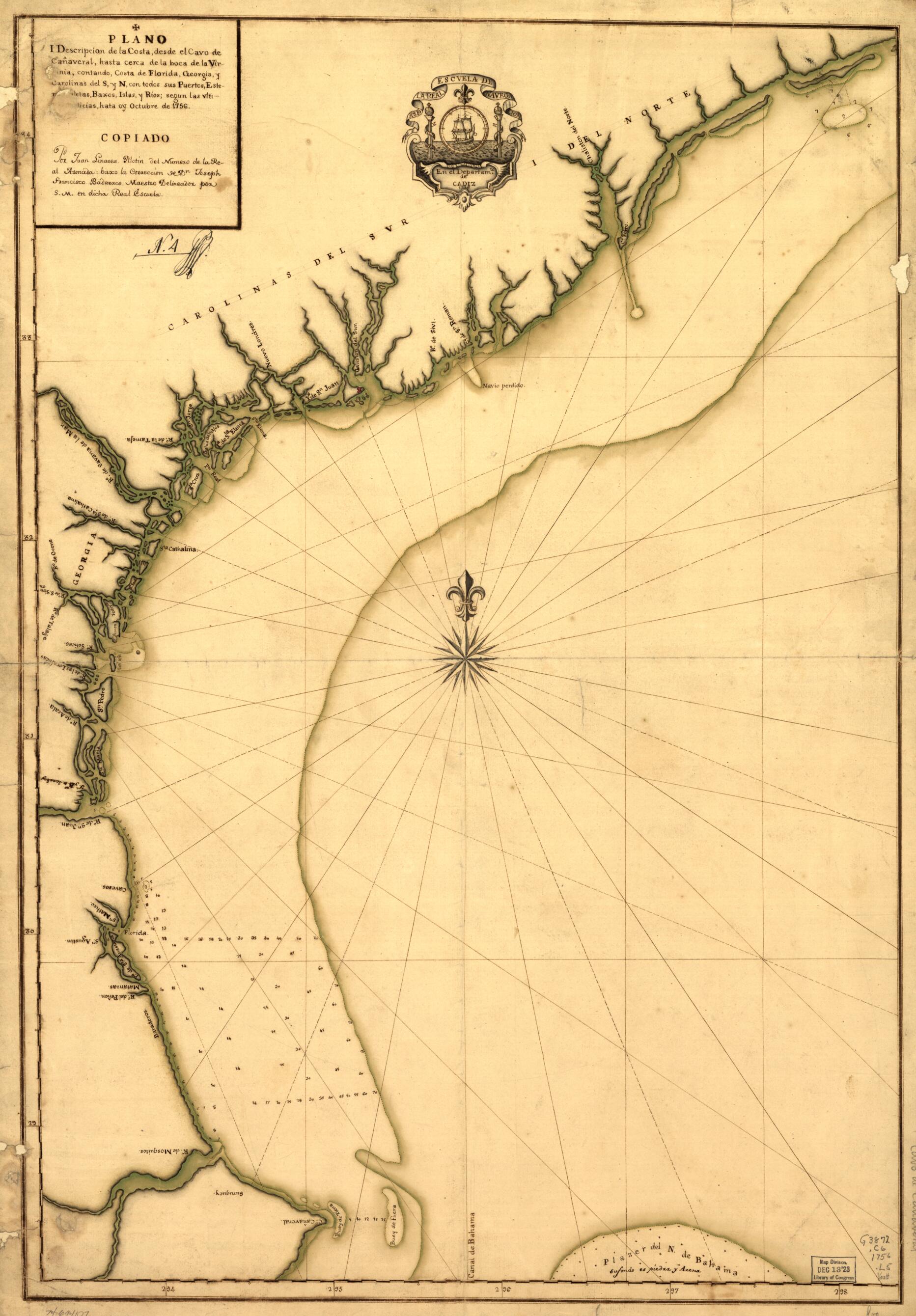 This old map of Plano. I Descripcion De La Costa, Desde El Cavo Cañaveral, Hasta Cerca De La Boca De La Virginia, Contando, Costa De Florida, Georgia Y Carolinas Del S, Y N, Con Todos Sus Puertos, Esteros.. letas, Baxos, Islas Y Rios; Segun Las Vltimas