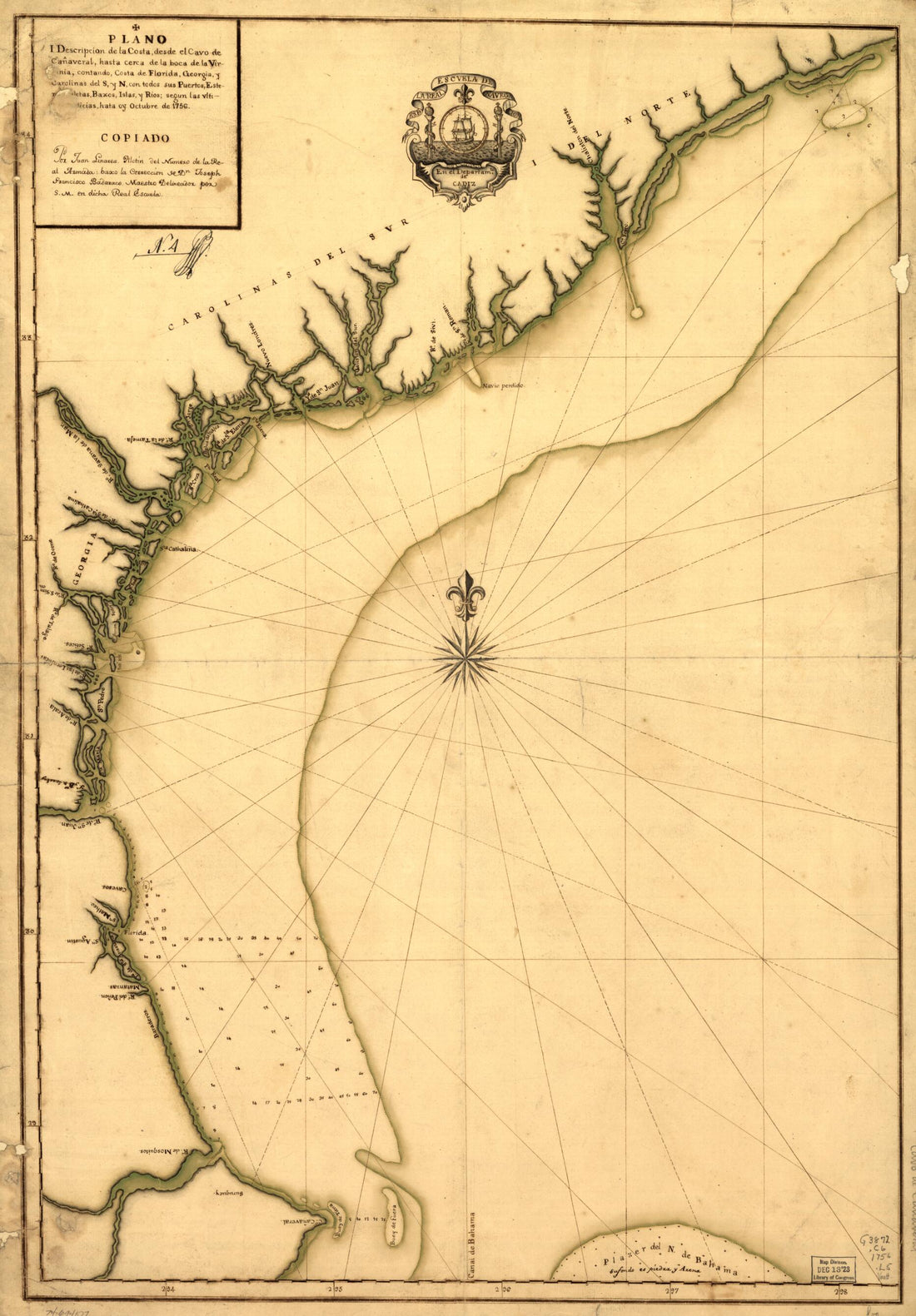 This old map of Plano. I Descripcion De La Costa, Desde El Cavo Cañaveral, Hasta Cerca De La Boca De La Virginia, Contando, Costa De Florida, Georgia Y Carolinas Del S, Y N, Con Todos Sus Puertos, Esteros.. letas, Baxos, Islas Y Rios; Segun Las Vltimas