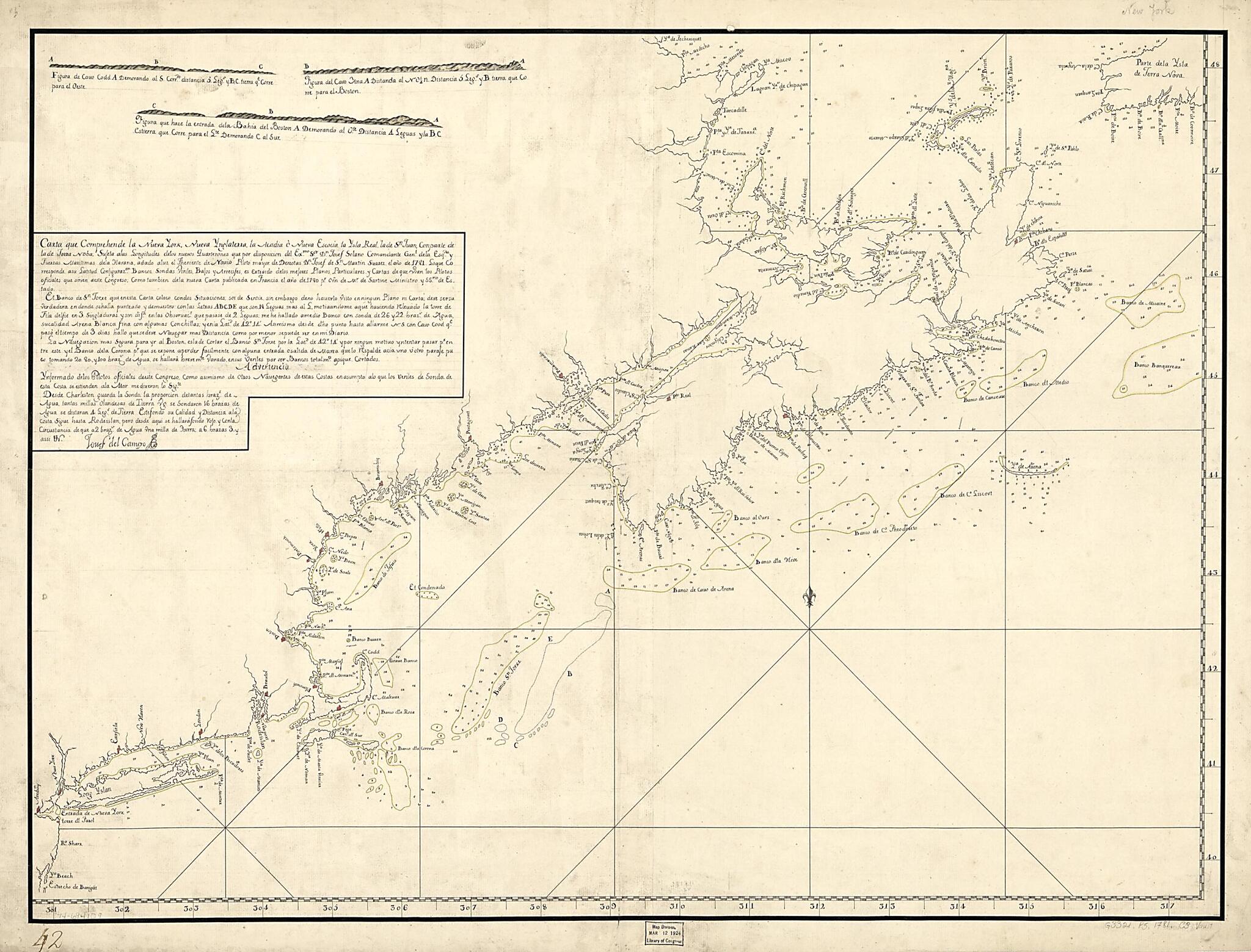 This old map of Carta Que Comprehende La Neuva York, Nueva Ynglaterra, La Acadia ò Neuva Escocia La Ysla Real, La De Sn. Juan, Con Parte De La De Terra Noba: from 1781 was created by in 1781