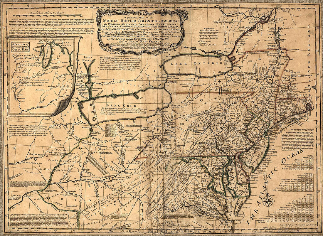 This old map of Jersey, New-York, Connecticut and Rhode-Island: of Aquanishuonigy the Country of the Confederate Indians Comprehending Aquanishuonigy Proper, Their Places of Residence, Ohio and Thuchsochruntie Their Deer Hunting Countries, Couchsachrage