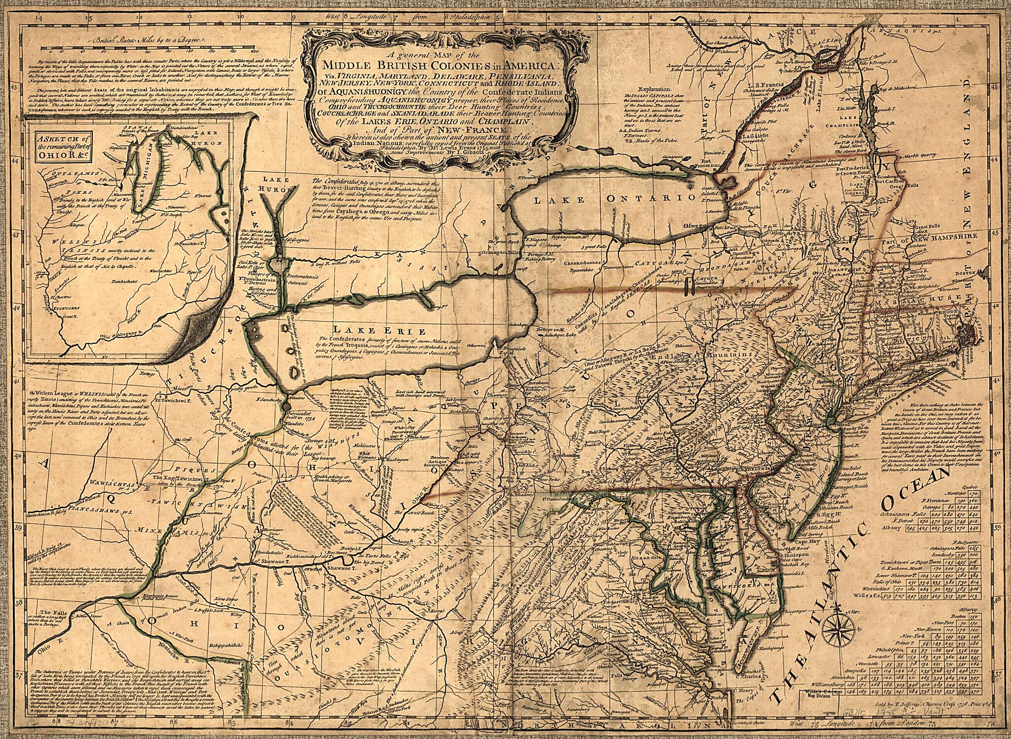 This old map of Jersey, New-York, Connecticut and Rhode-Island: of Aquanishuonigy the Country of the Confederate Indians Comprehending Aquanishuonigy Proper, Their Places of Residence, Ohio and Thuchsochruntie Their Deer Hunting Countries, Couchsachrage
