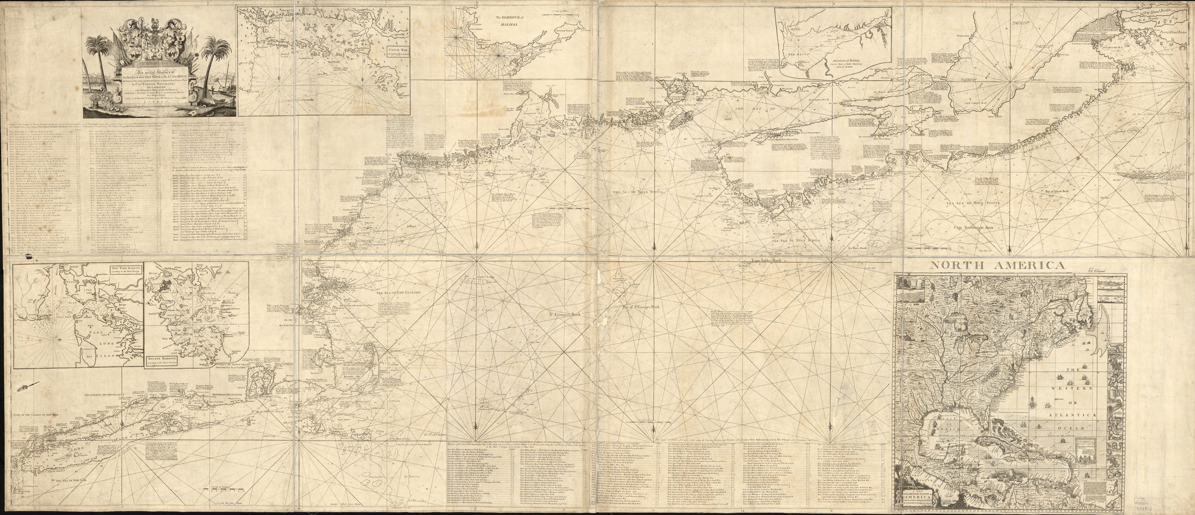 This old map of An Actual Survey of the Sea Coast from New York to the I. Cape Briton, With Tables of the Direct and Thwart Courses & Distances from Place to Place from 1775 was created by Jno. Mount and Tho. Page, Cyprian Southack in 1775