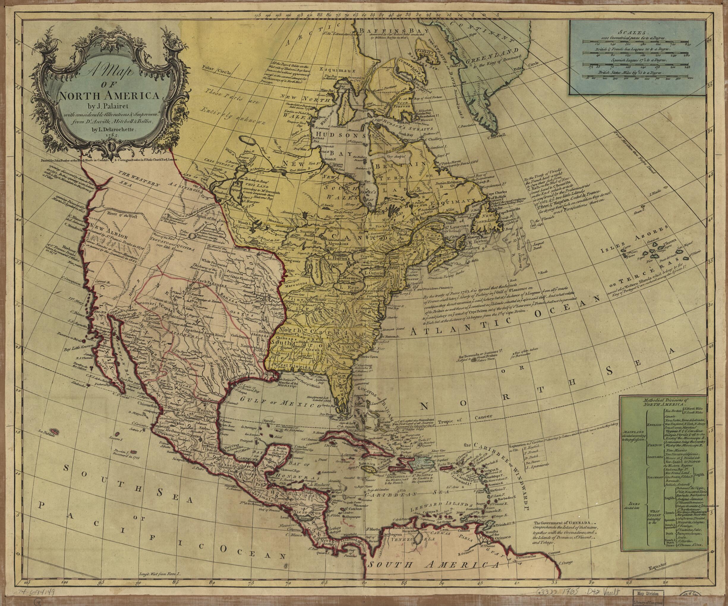 This old map of A Map of North America from 1765 was created by Carington Bowles, John Bowles, L. (Louis) Delarochette, Jean Palairet in 1765