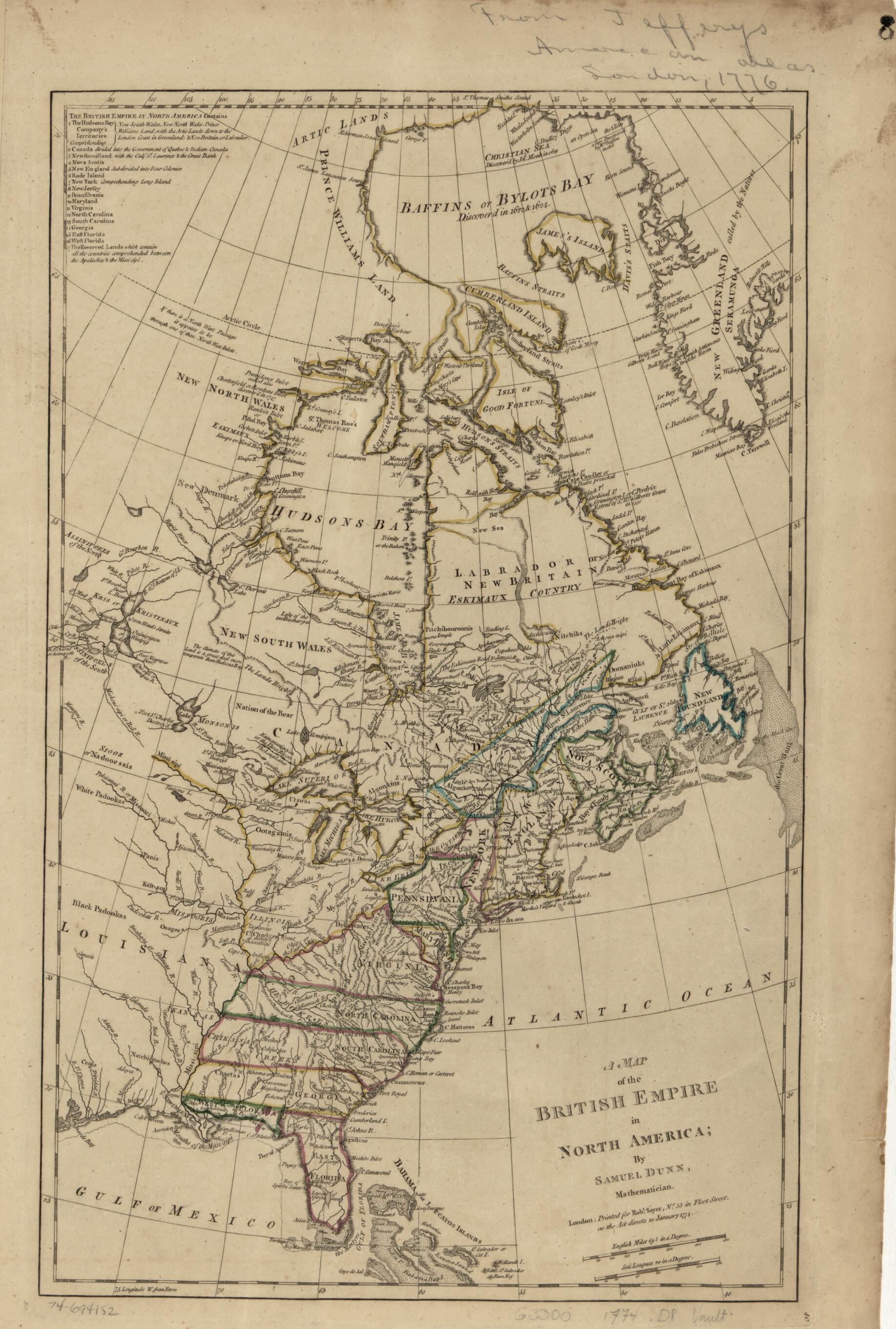 This old map of A Map of the British Empire In North America from 1774 was created by Samuel Dunn, Robert Sayer in 1774