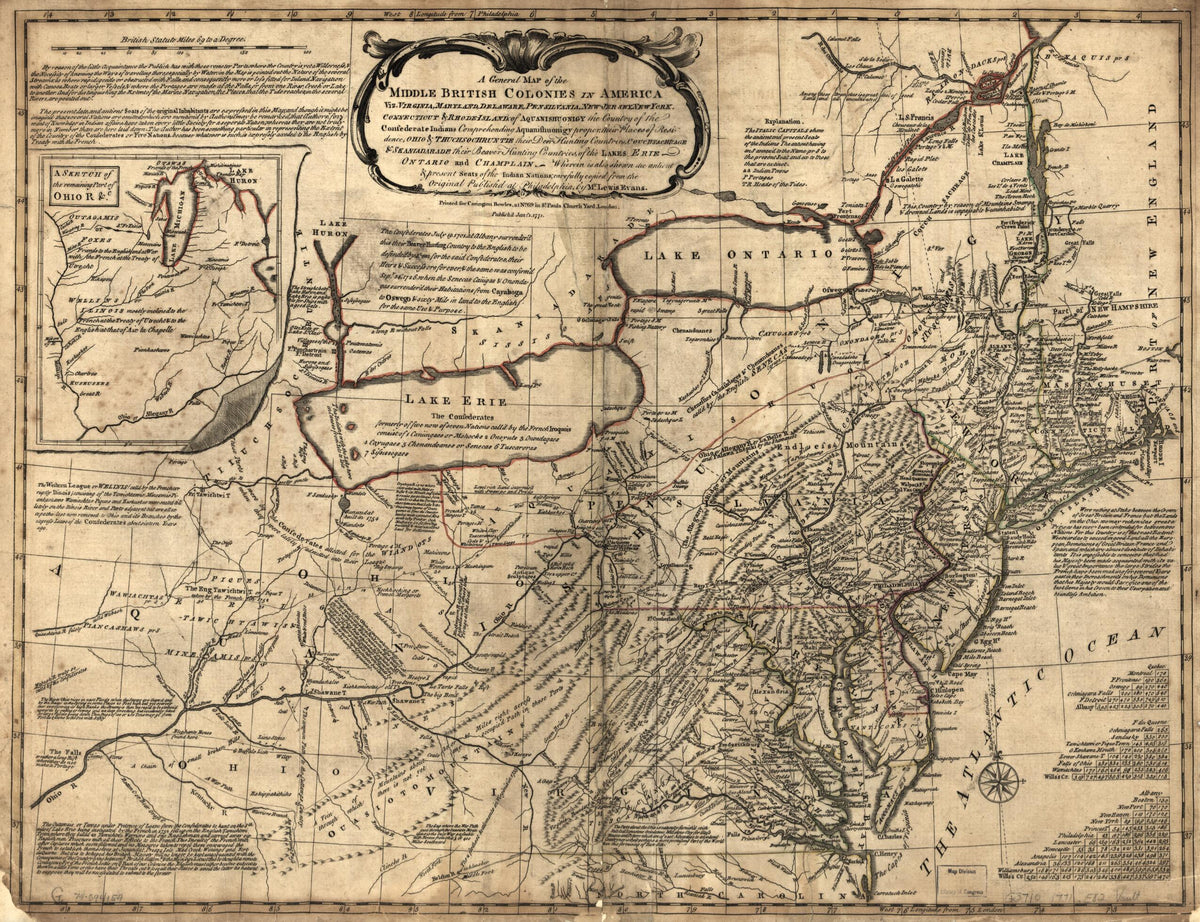 Jersey, New York, Connecticut & Rhode Island: of Aquanishuonigy the Country of the Confederate Indians Comprehending Aquanishuonigy Proper, Their Places of Residence, Ohio & Thuchsochruntie Their Deer Hunting Countries, Couchsachrage & Skaniadarade Th... by Relic Map Company