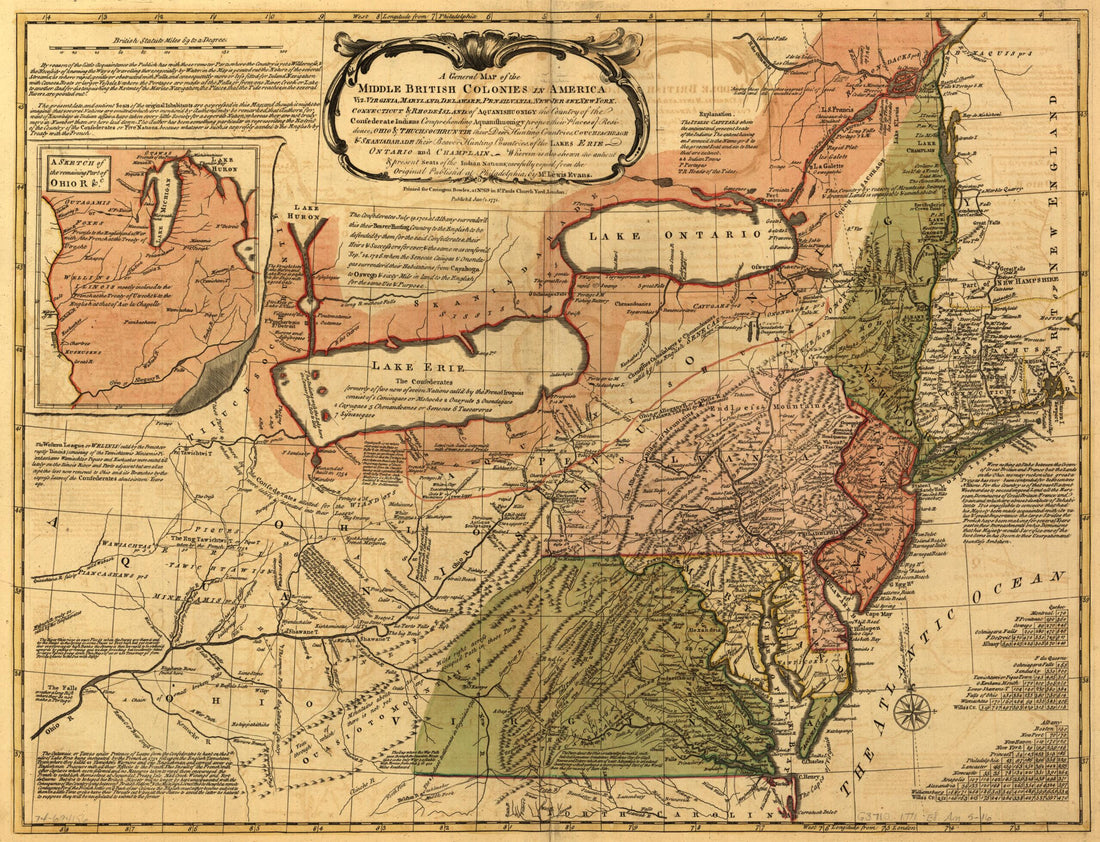 This old map of Jersey, New York, Connecticut & Rhode-Island: of Aquanishuonigy the Country of the Confederate Indians Comprehending Aquanishuonigy Proper, Their Places of Residence, Ohio & Thuchsochruntie Their Deer Hunting Countries, Couchsachrage & Sk