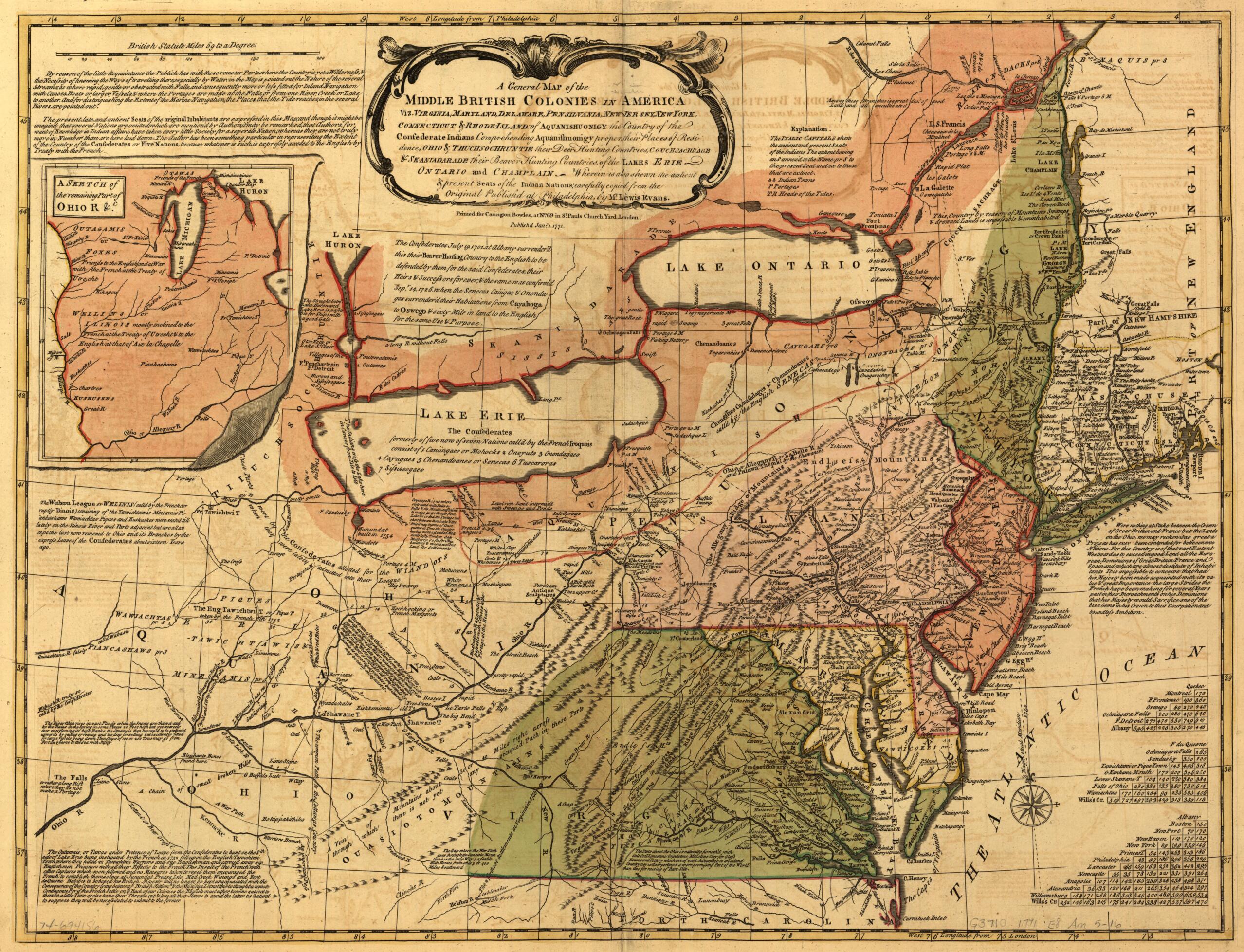 This old map of Jersey, New York, Connecticut & Rhode-Island: of Aquanishuonigy the Country of the Confederate Indians Comprehending Aquanishuonigy Proper, Their Places of Residence, Ohio & Thuchsochruntie Their Deer Hunting Countries, Couchsachrage & Sk