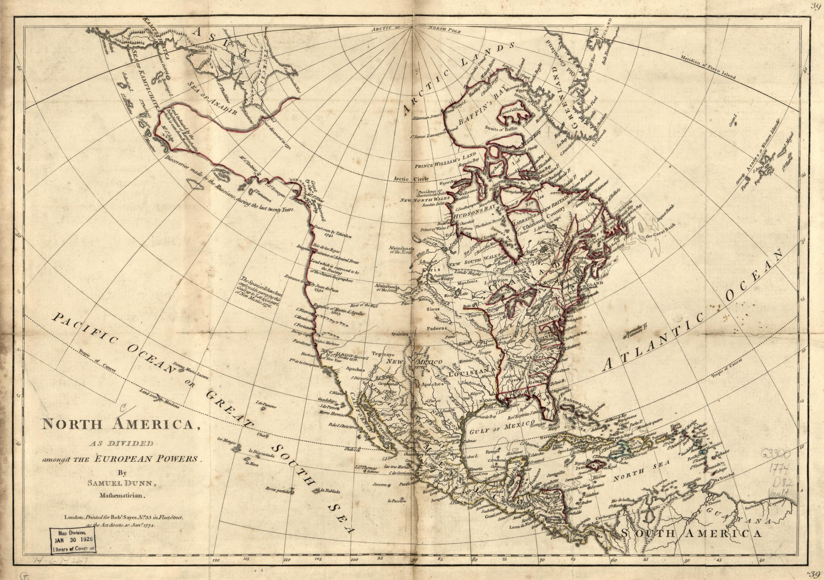This old map of North America, As Divided Amongst the European Powers from 1774 was created by Samuel Dunn, Robert Sayer in 1774