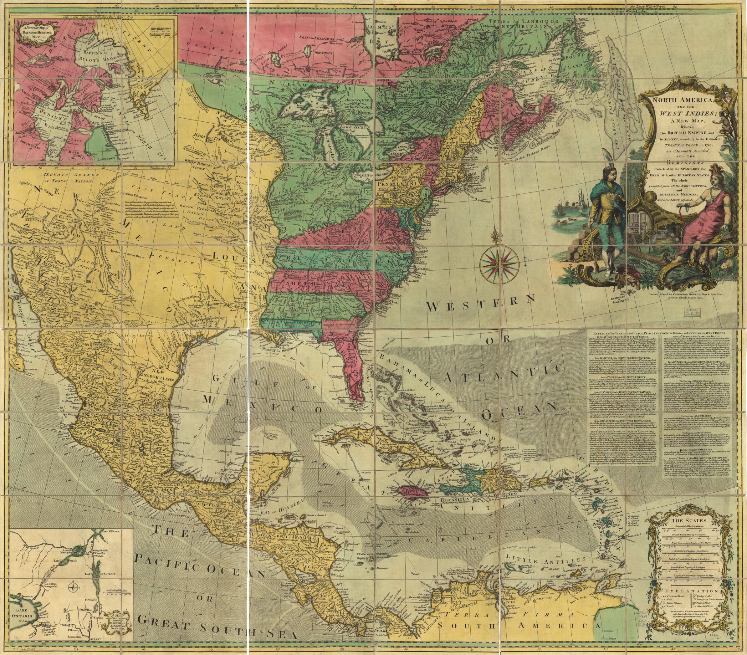 This old map of North America, and the West Indies; a New Map, Wherein the British Empire and Its Limits, According to the Definitive Treaty of Peace, In 1763, Are Accurately Described, and the Dominions Possessed by the Spaniards, the French, & Other Eu