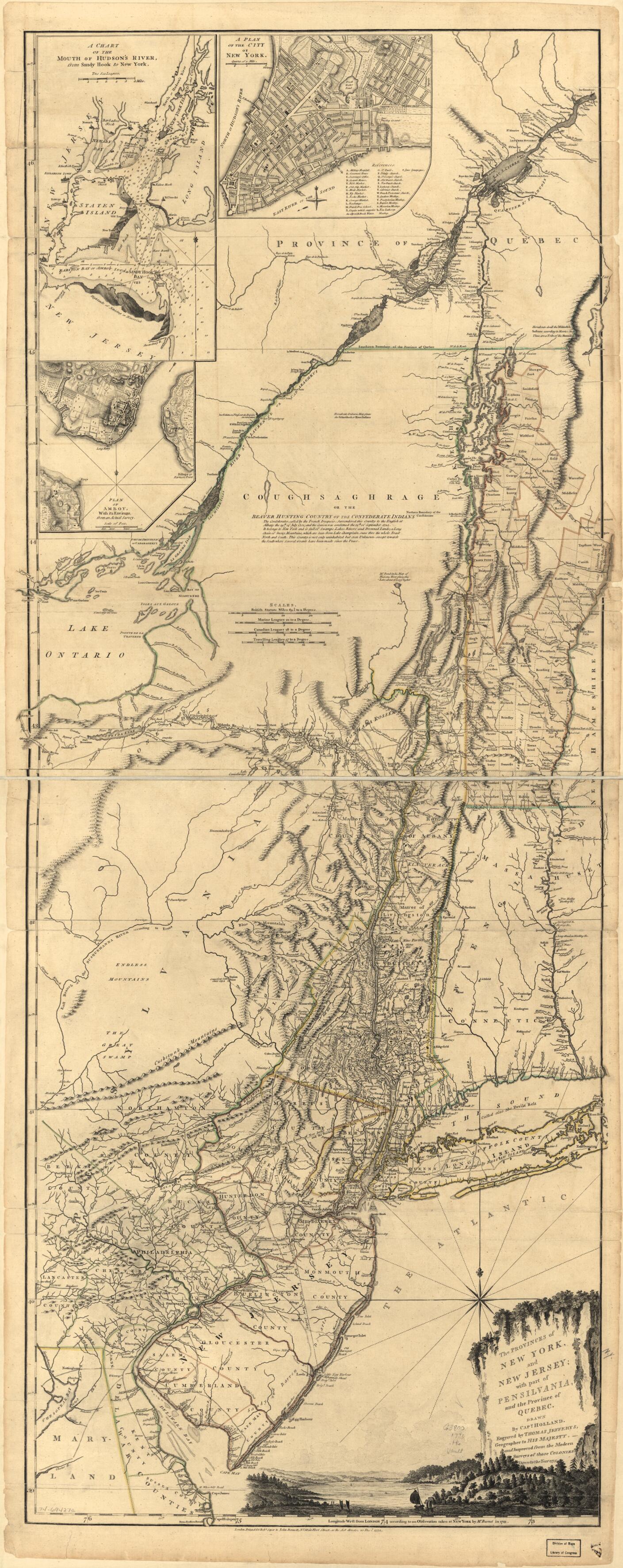 This old map of The Provinces of New York, and New Jersey; With Part of Pensilvania, and the Province of Quebec from 1775 was created by Samuel Holland, Robert Sayer and John Bennett (Firm) in 1775