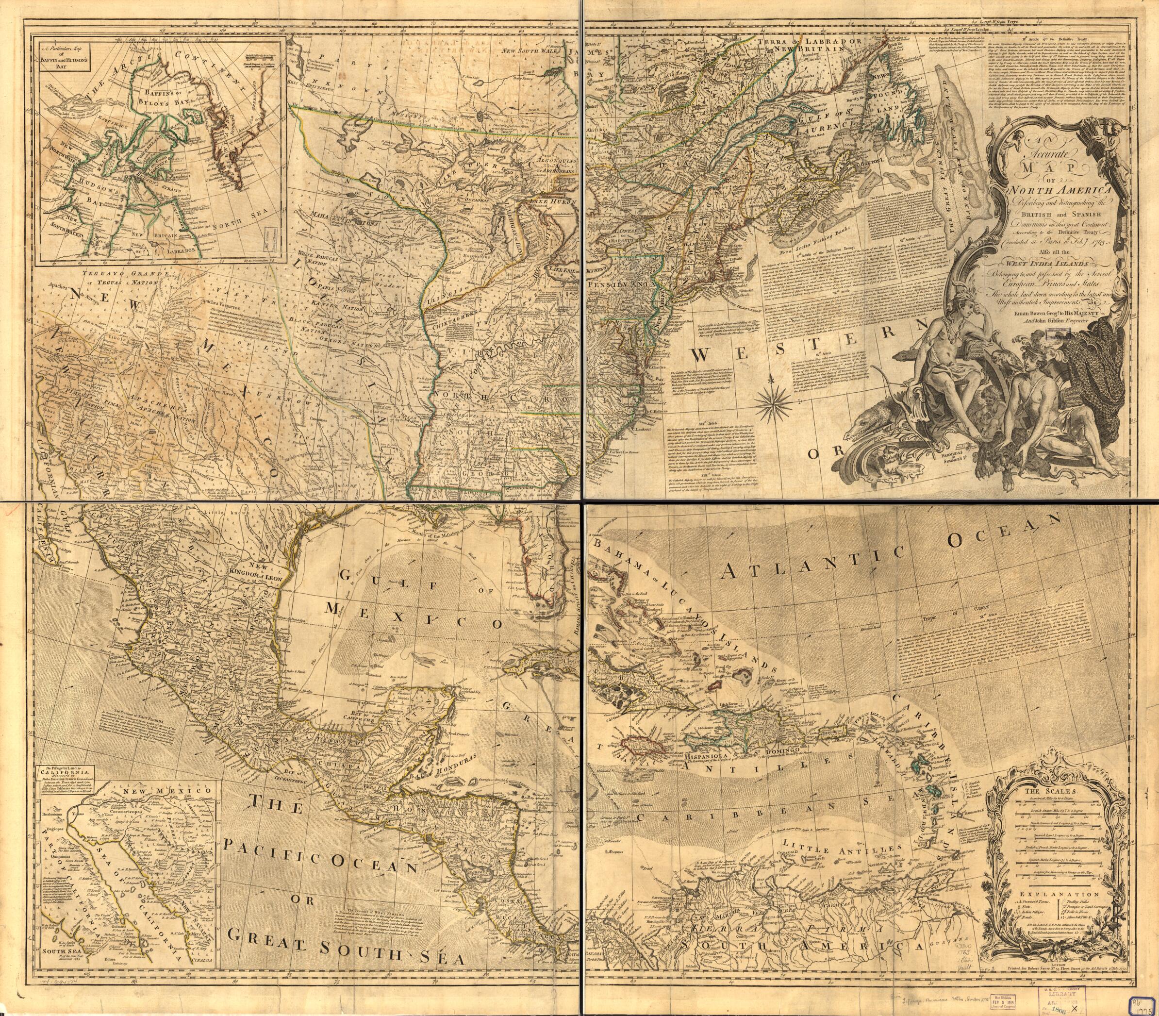 This old map of An Accurate Map of North America. Describing and Distinguishing the British and Spanish Dominions of This Great Continent; According to the Definitive Treaty Concluded at Paris 10th Feby. 1763. Also All the West India Islands Belonging To