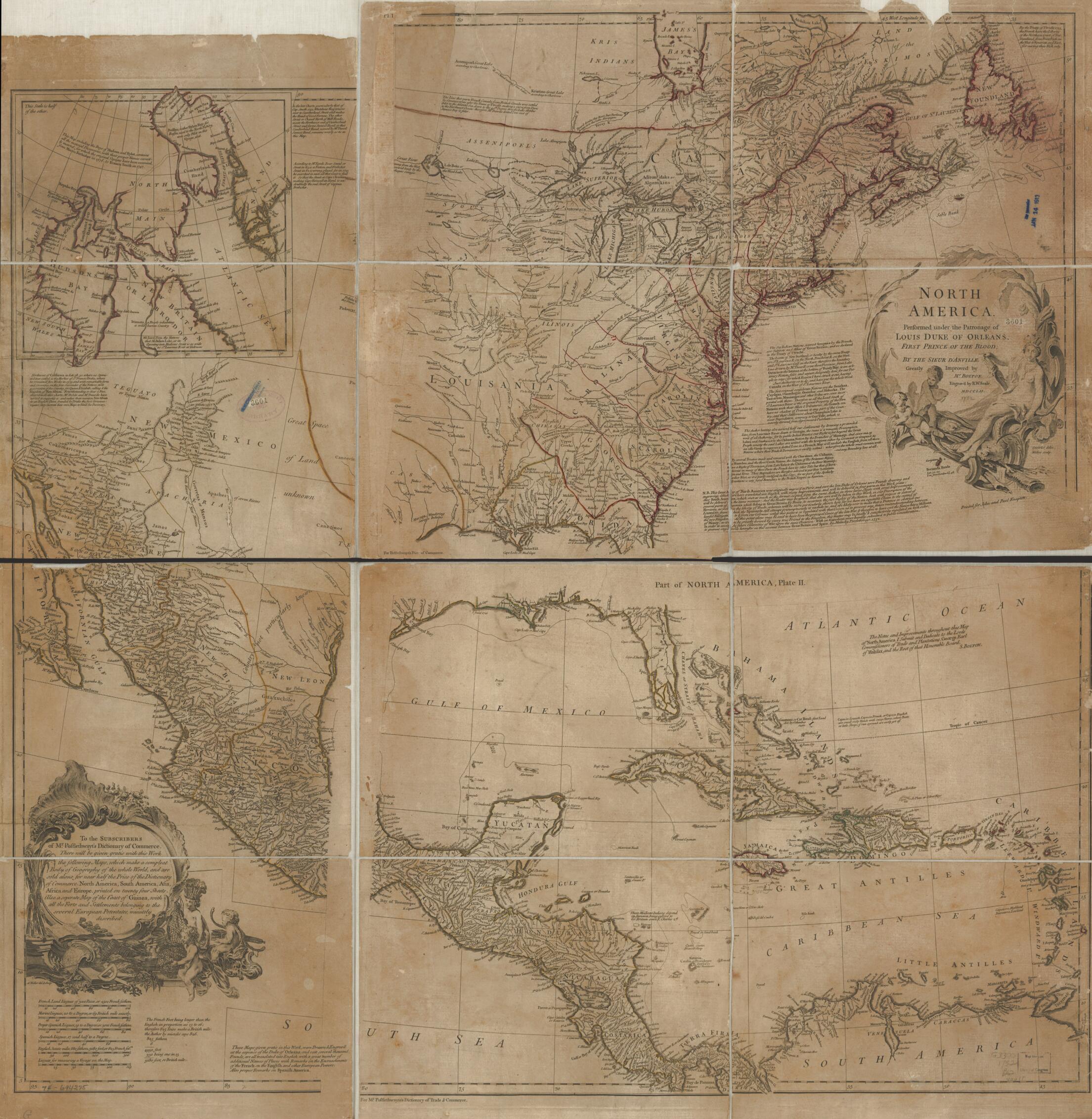 This old map of North America, Performed Under the Patronage of Louis Duke of Orleans, First Prince of the Blood; from 1752 was created by Jean Baptiste Bourguignon D Anville, Solomon Bolton, Hubert François Gravelot, John and Paul Knapton (Firm), Mala