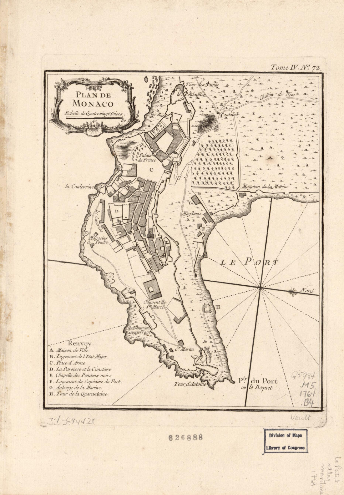 This old map of Plan De Monaco from 1764 was created by Jacques Nicolas Bellin in 1764