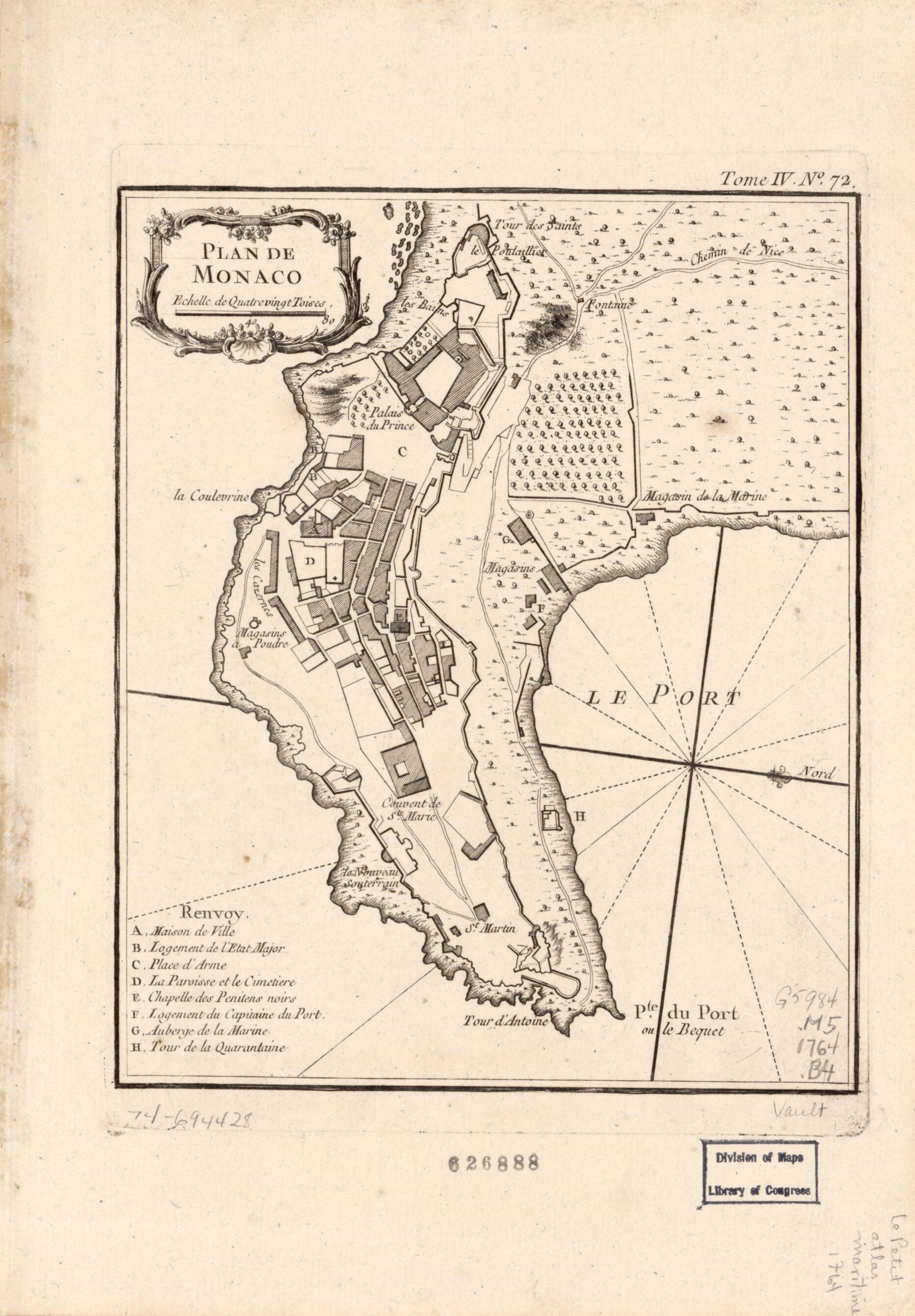 This old map of Plan De Monaco from 1764 was created by Jacques Nicolas Bellin in 1764