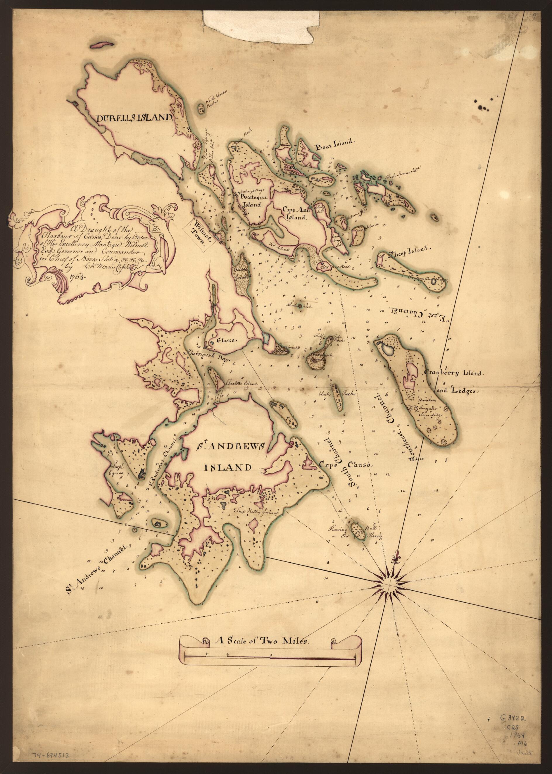 This old map of A Draught of the Harbour of Canso : Done by Order of His Excellency Montagu Wilmot, Esq., Governor and Commander In Chief of Nova Scotia, &c., &., & from 1764 was created by Charles Morris in 1764
