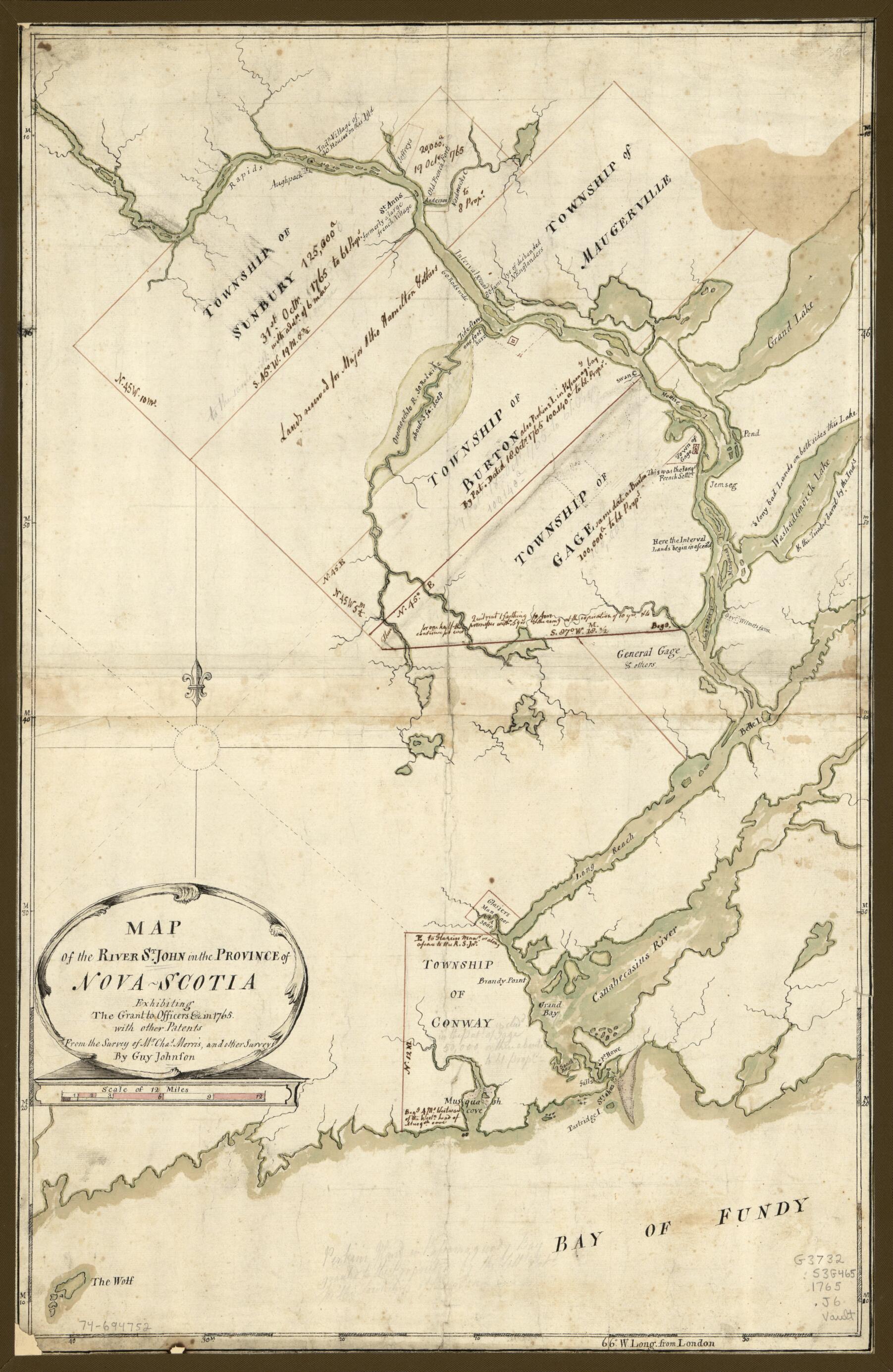 This old map of Map of the River St. John In the Province of Nova Scotia, Exhibiting the Grant to Officers &c. In from 1765, With Other Patents was created by Guy Johnson, Charles Morris in 1765