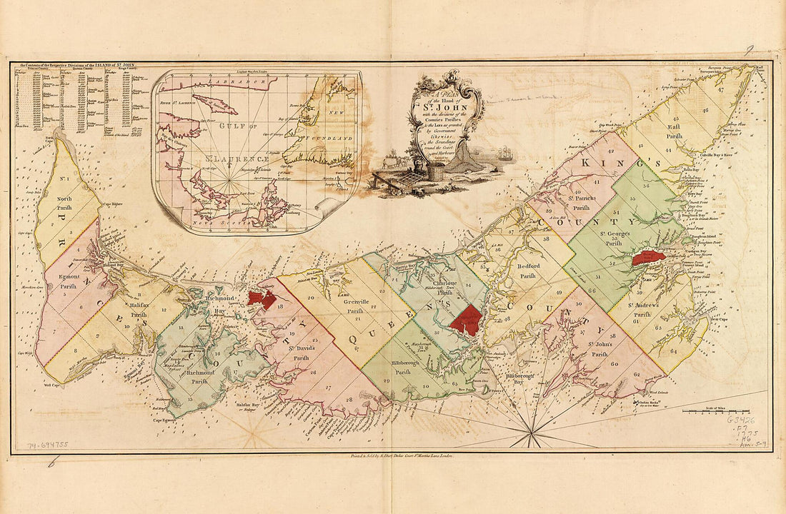 This old map of A Plan of the Island of St. John With the Divisions of the Counties, Parishes, & the Lots As Granted by Government, Likewise the Soundings Round the Coast and Harbours from 1775 was created by Andrew Dury, Samuel Holland in 1775