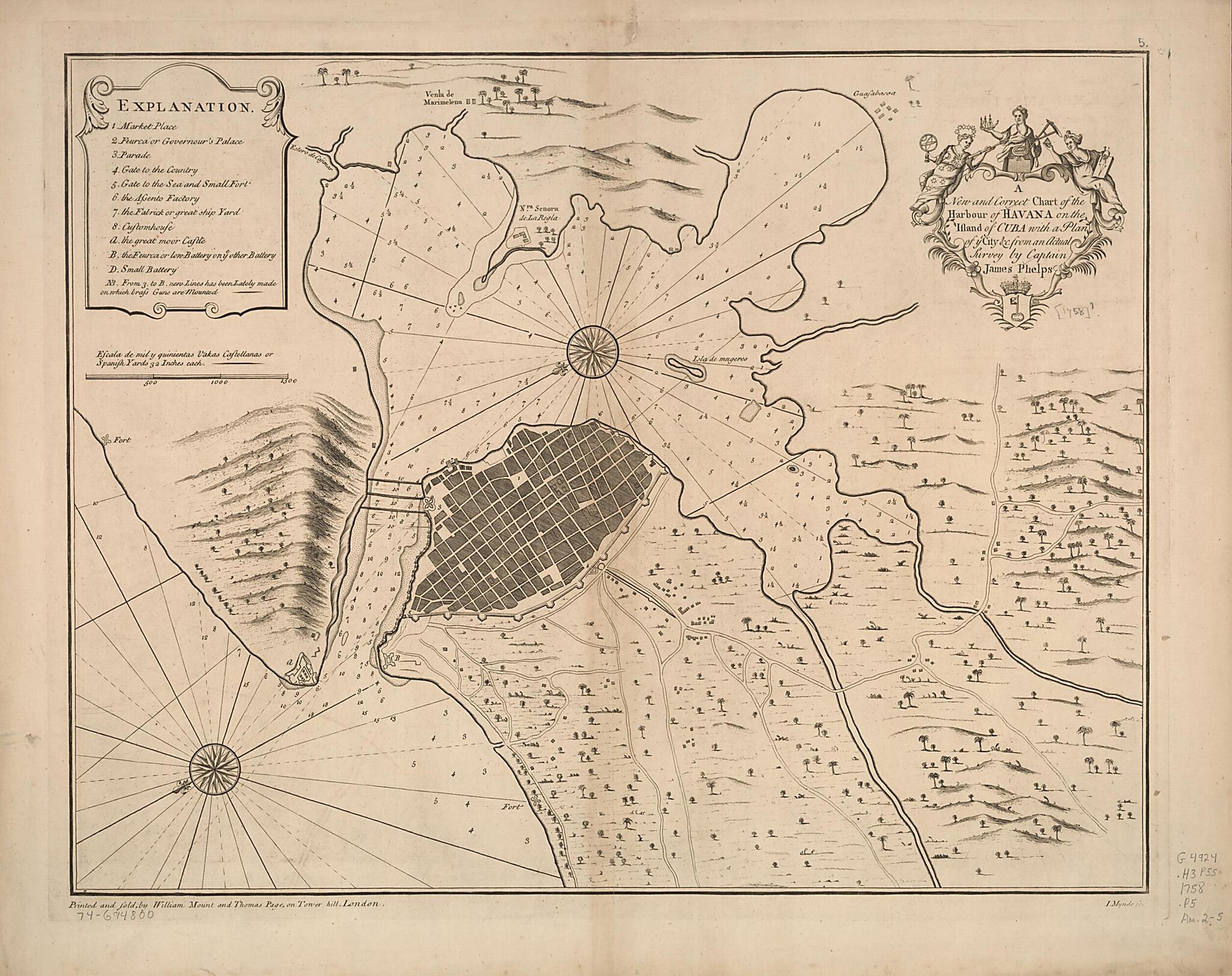 This old map of A New and Correct Chart of the Harbour of Havana On the Island of Cuba With a Plan of Ye City &c from 1758 was created by James Mynde, James Phelps, W. Mount and T. Page in 1758