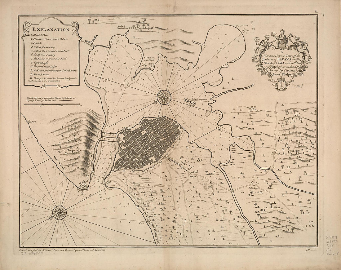 This old map of A New and Correct Chart of the Harbour of Havana On the Island of Cuba With a Plan of Ye City &c from 1758 was created by James Mynde, James Phelps, W. Mount and T. Page in 1758
