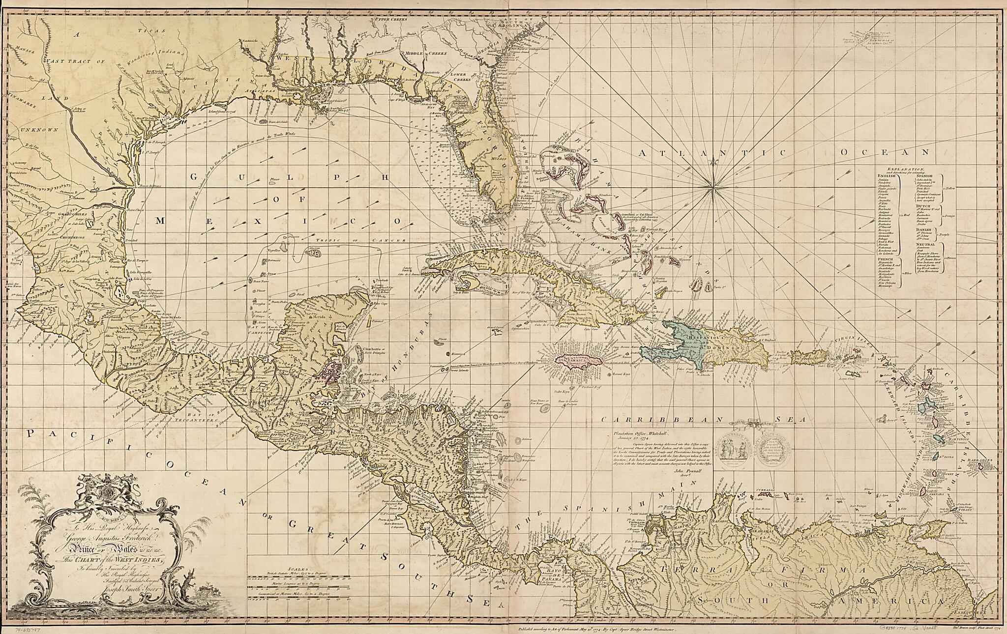 This old map of To His Royal Highness. George Augustus Frederick. Prince of Wales &c. &c. &c. This Chart of the West Indies from 1774 was created by Thomas Bowen, Joseph Smith Speer in 1774