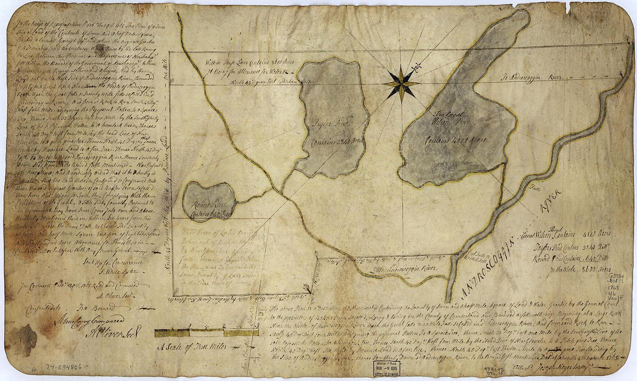 This old map of The Above Plan Is a Discription of a New Township Containing the Quantity of Seven and a Half Mile of Land & Water, Granted by the General Court to the Proprietors of Bakerstown So Call&
