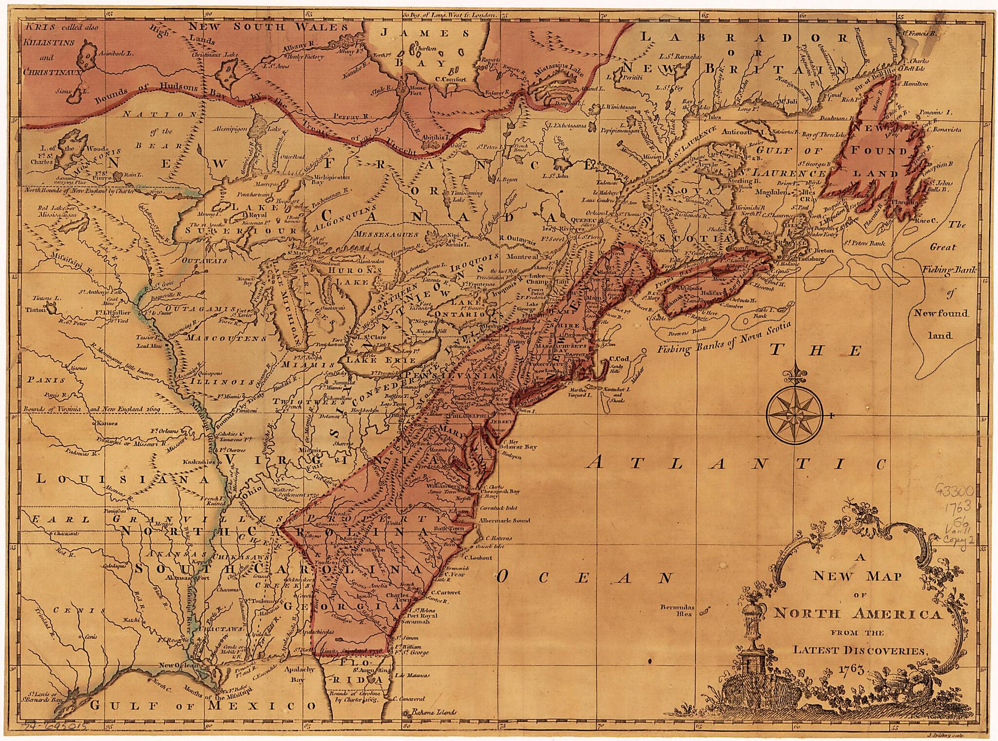This old map of A New Map of North America from the Latest Discoveries from 1763 was created by American Imprint Collection (Library of Congress), Miscellaneous Pamphlet Collection (Library of Congress), John Spilsbury in 1763
