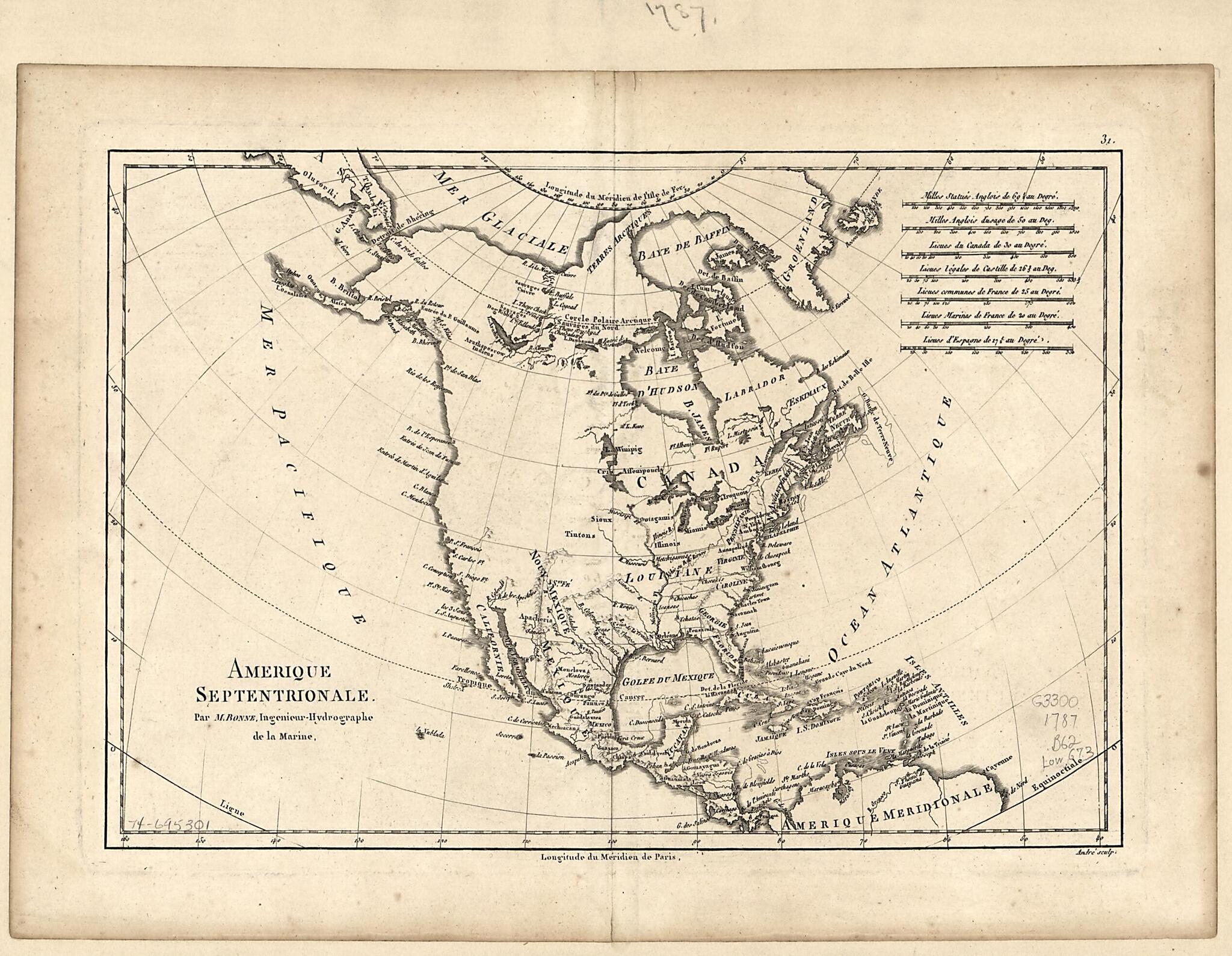 This old map of Amérique Septentrionale from 1788 was created by André, Rigobert Bonne in 1788