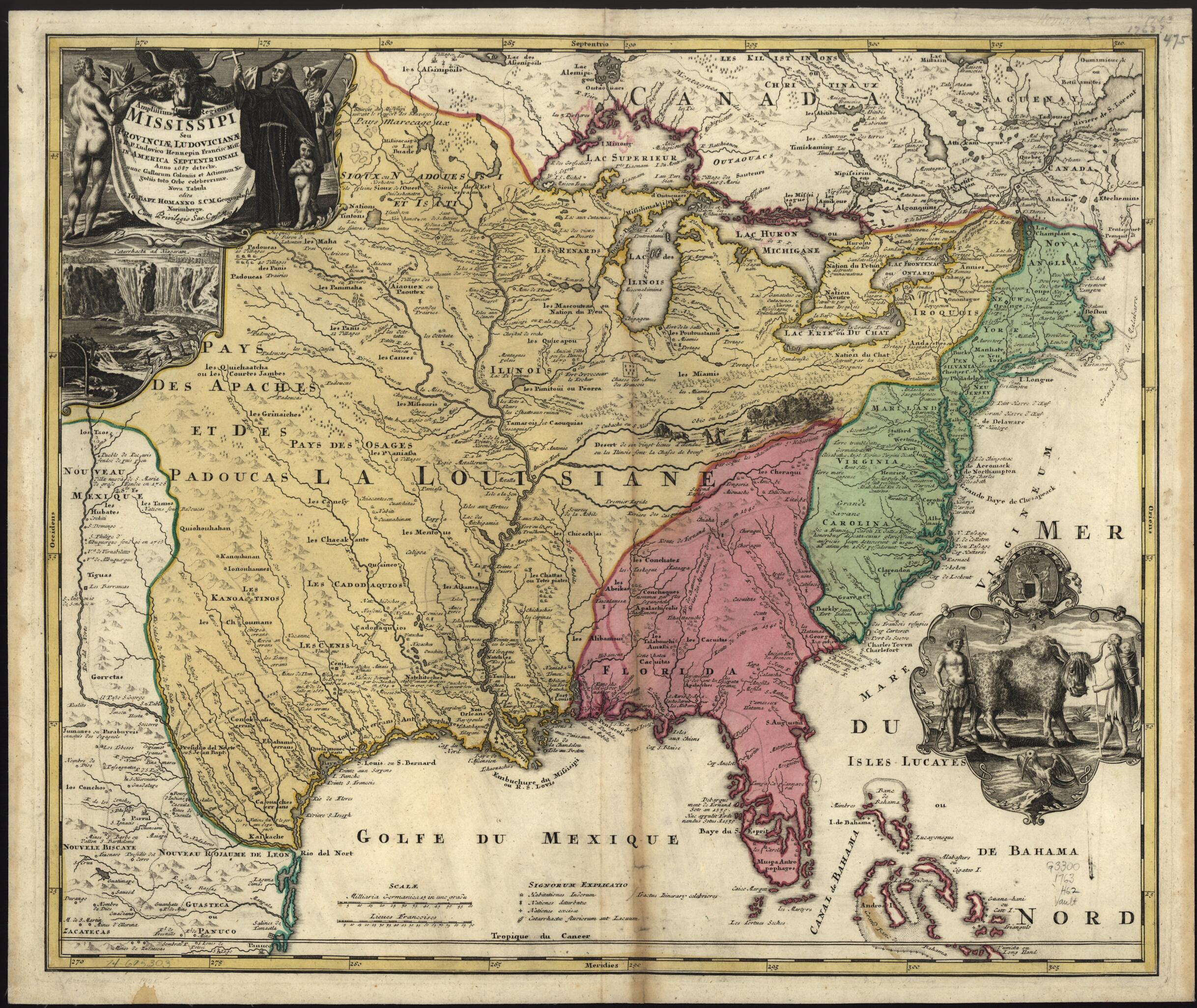 This old map of Amplissima Regionis Mississipi Seu Provinciæ Ludovicianæ â R.P. Ludovico Hennepin Francisc Mississippi In America Septentrionali Anno 1687 Detectæ, Nunc Gallorum Coloniis Et Actionum Negotiis Toto Orbe Celeberrimæ from 1763 was creat