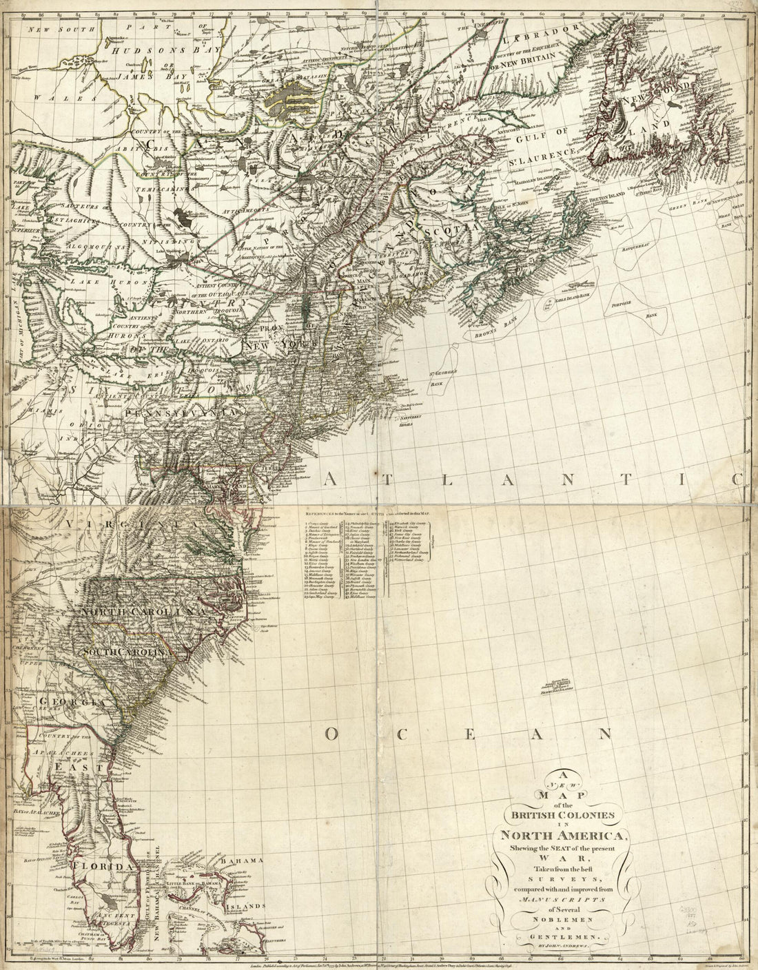 This old map of A New Map of the British Colonies In North America, Shewing the Seat of the Present War, Taken from the Best Surveys, Compared With and Improved from Manuscripts of Several Noblemen and Gentlemen from 1777 was created by John Andrews, And