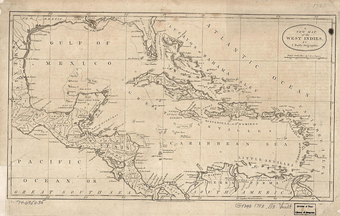 This old map of A New Map of the West Indies from 1783 was created by J. Bayly, England) Harrison and Co. (London in 1783