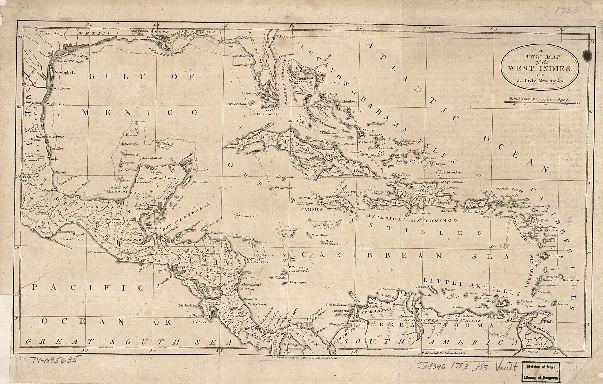 This old map of A New Map of the West Indies from 1783 was created by J. Bayly, England) Harrison and Co. (London in 1783