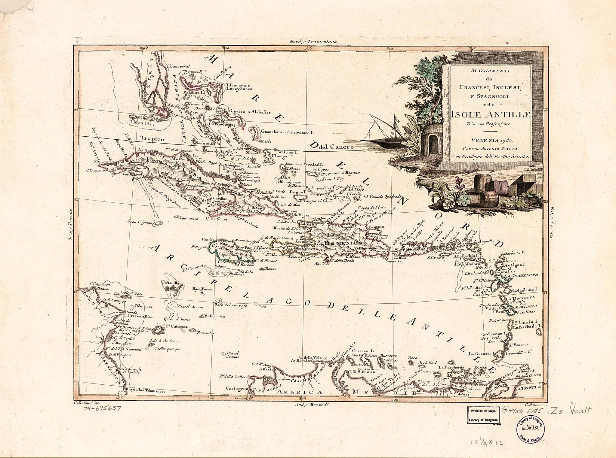 This old map of Stabilimenti De Francesi, Inglesi, E Spagnuoli Nelle Isole Antille from 1785 was created by Giovanni Marco Pitteri, Antonio Zatta in 1785