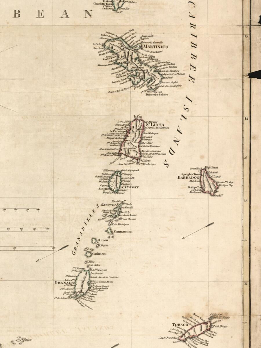 This old map of A Map of the Caribbee, Granadilles and Virgin Isles from 1779 was created by William Faden, John Harris, M. (Mathew) Richmond in 1779