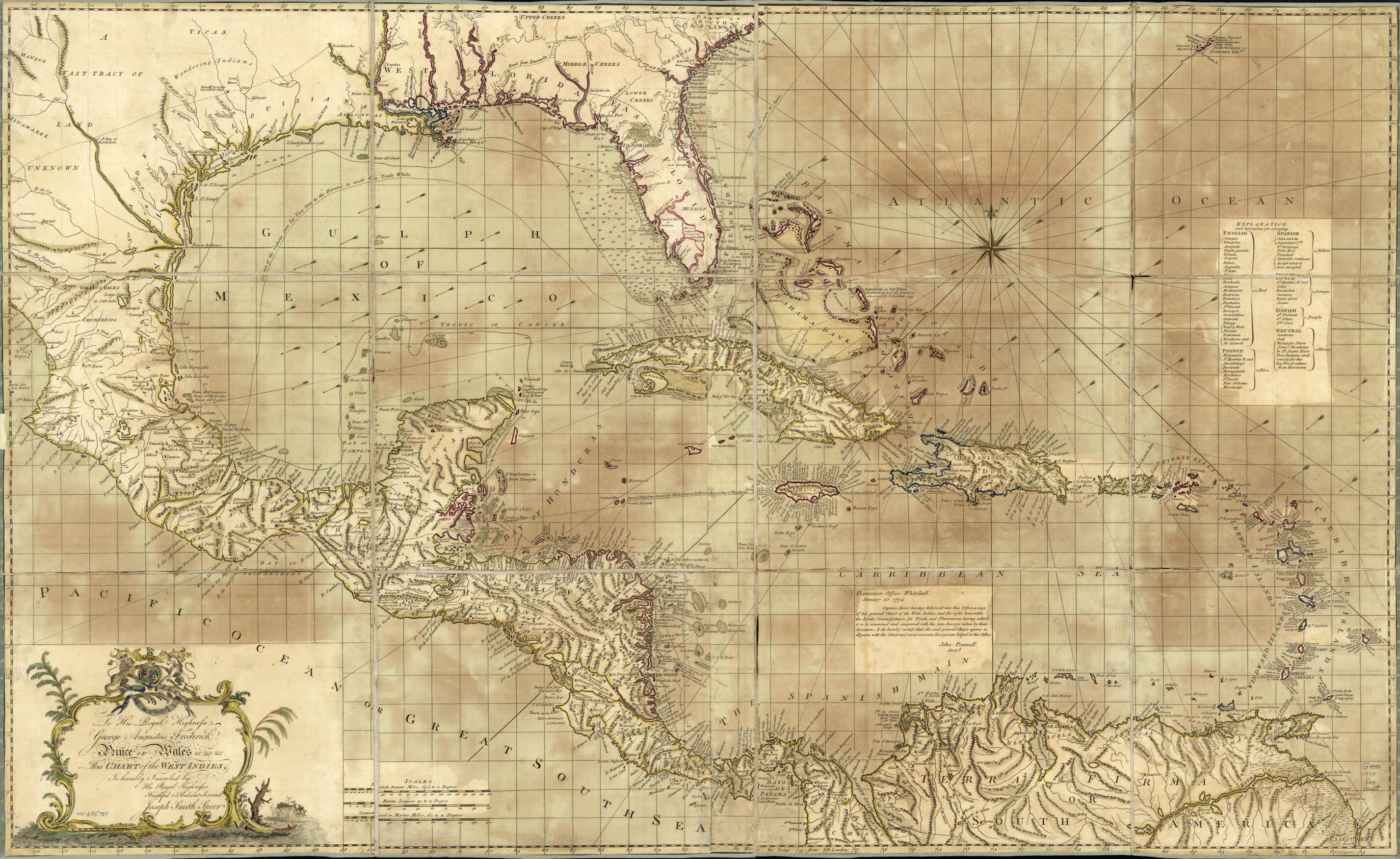 This old map of To His Royal Highness. George Ausgustus Frederick. Prince of Wales &c. &c. &c. This Chart of the West Indies from 1774 was created by Joseph Smith Speer in 1774