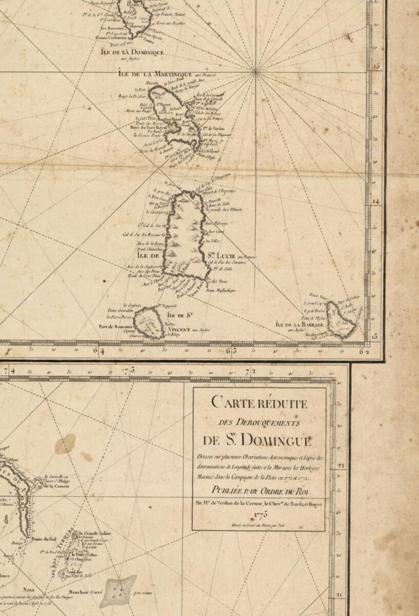 This old map of Carte Réduite Des îles Antilles, Au Nord Du 13me.degré De Latitude from 1775 was created by Jean Charles De Borda,  Petit, Alexandre Guy Pingré, Jean René Antoine Verdun De La Crenne in 1775