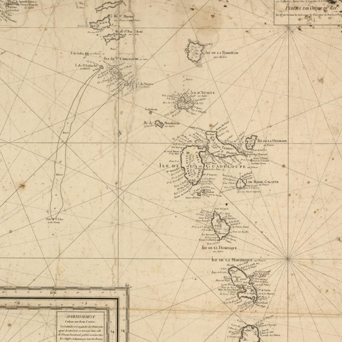 This old map of Carte Réduite Des îles Antilles, Au Nord Du 13me.degré De Latitude from 1775 was created by Jean Charles De Borda,  Petit, Alexandre Guy Pingré, Jean René Antoine Verdun De La Crenne in 1775