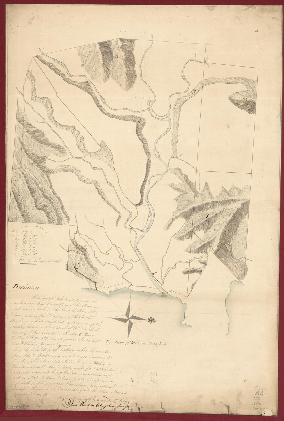 This old map of A Plan of the Rosalij Compy. Estates Showing the Impracticable Lands from 1776 was created by Isaac Werden in 1776