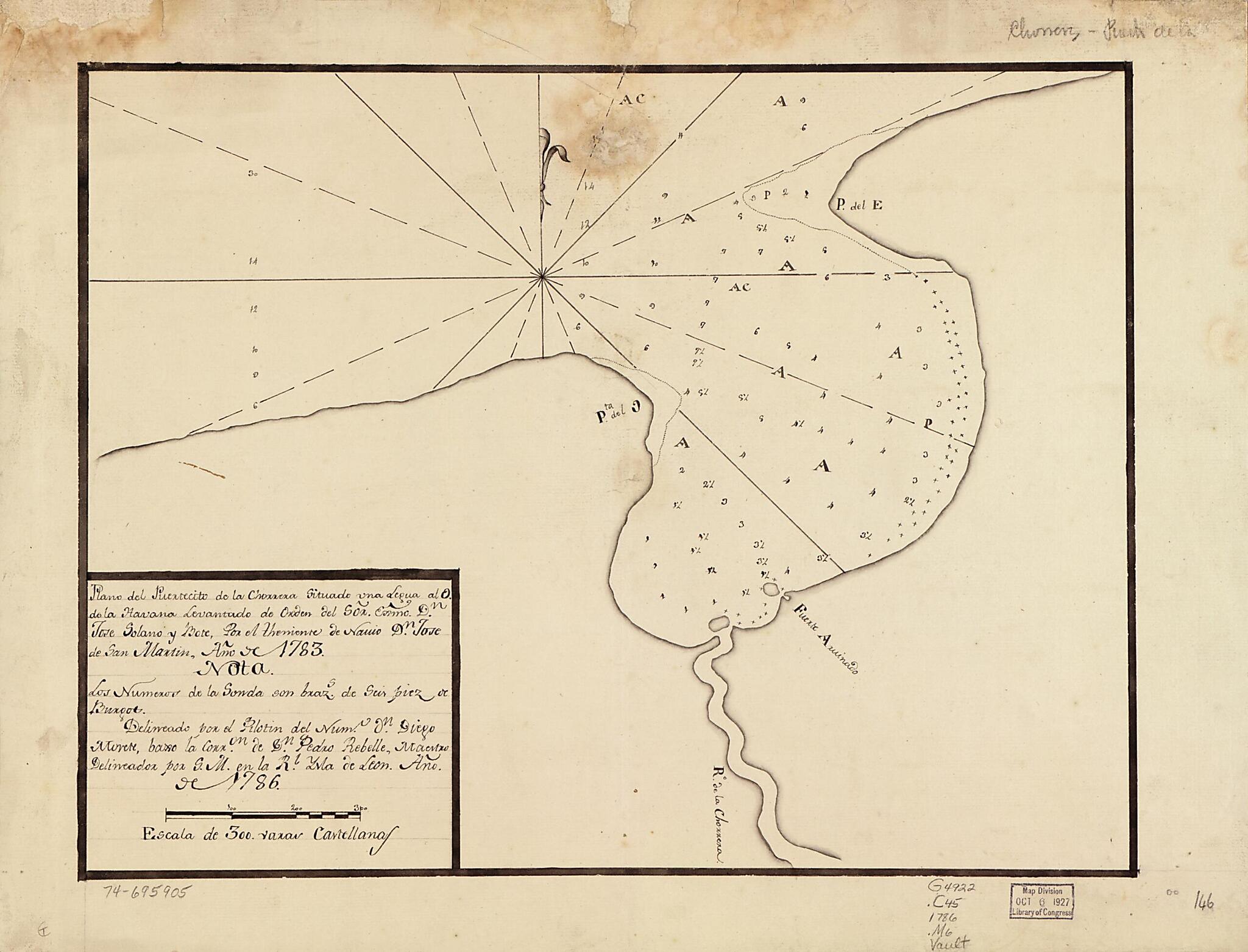 This old map of Plano Del Puertecito De La Chorrera Situado Una Legua Al O. De La Havana from 1786 was created by Diego Morete, José De San Martín Suárez in 1786