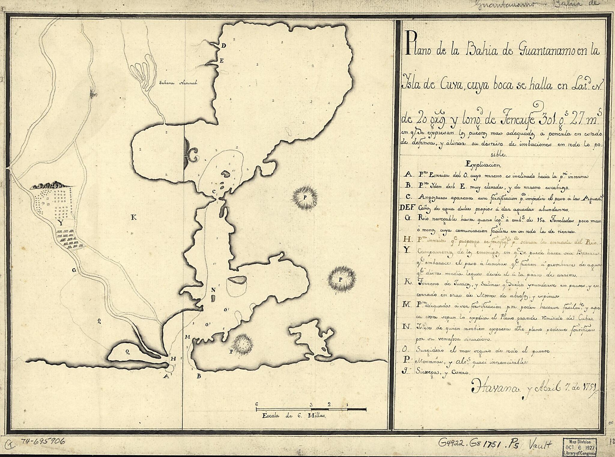 This old map of Plano De La Bahía De Guantánamo En La Ysla De Cuva, Cuya Boca Se Halla En Latd. N. De 20 Gros. Y Longd. De Tenerife 30l. Gs. 27 Ms. from 1751 was created by in 1751