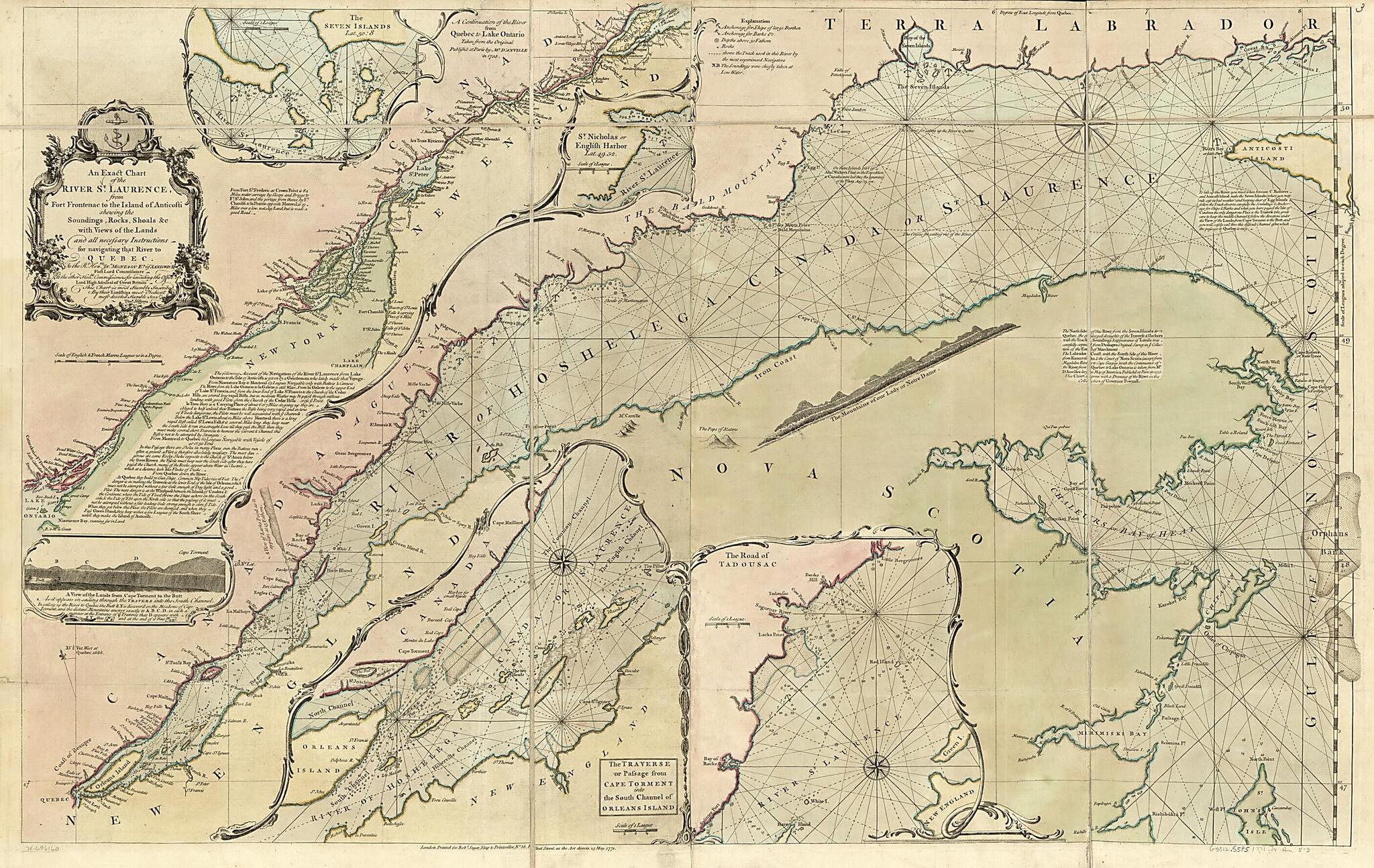 This old map of An Exact Chart of the River St. Laurence, from Fort Frontenac to the Island of Anticosti Shewing the Soundings, Rocks, Shoals &c With Views of the Lands and All Necessary Instructions for Navigating That River to Quebec from 1771 was crea
