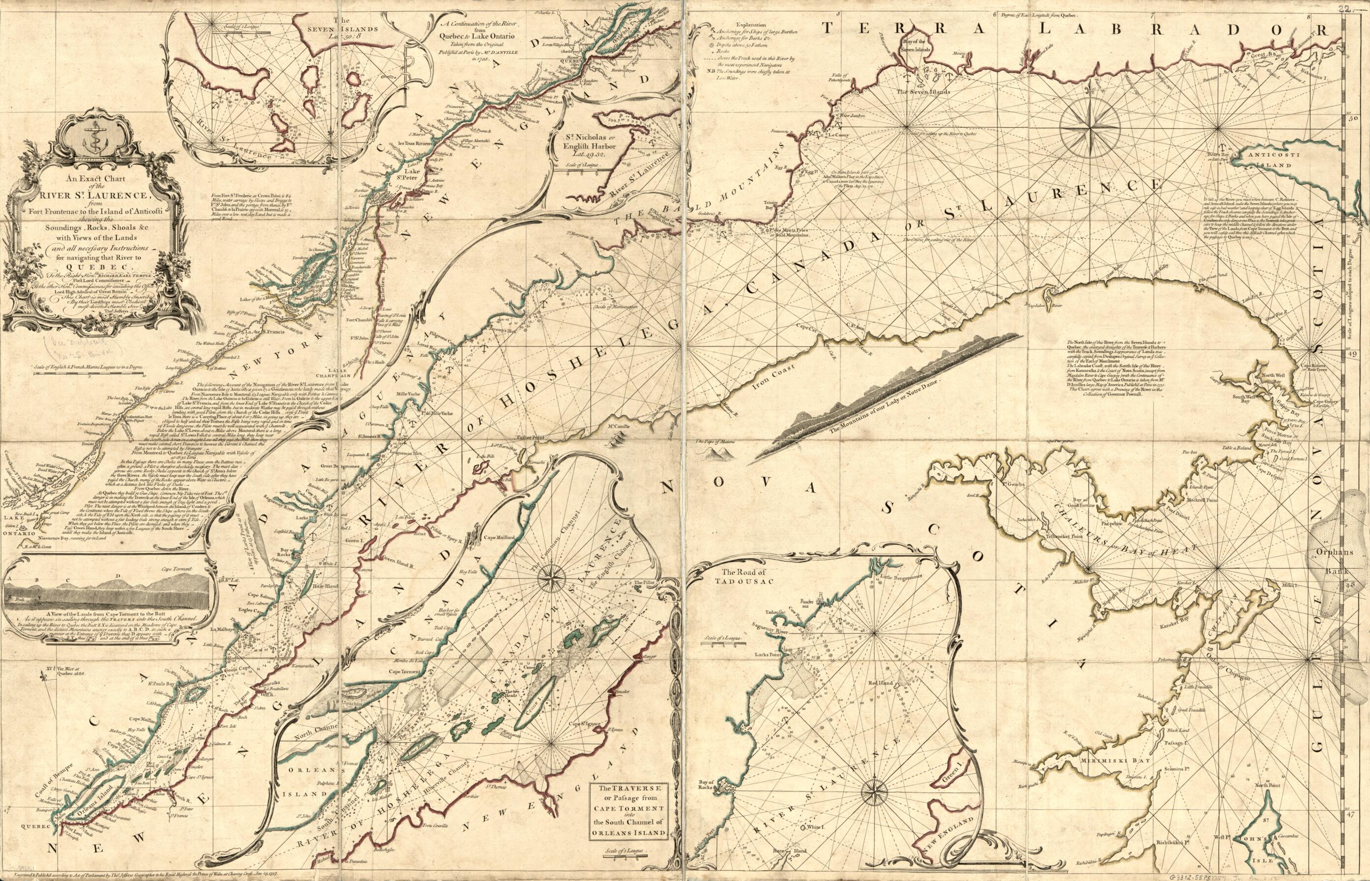 This old map of An Exact Chart of the River St. Lawrence, from Port Frontenac to the Island of Anticosti Shewing the Soundings, Rocks, Shoals &c With Views of the Lands and All Necessary Instructions for Navigating That River to Quebec from 1757 was crea
