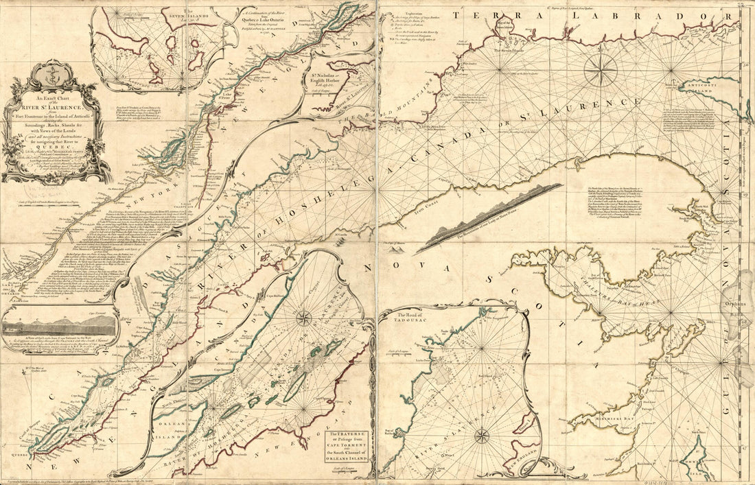 This old map of An Exact Chart of the River St. Lawrence, from Port Frontenac to the Island of Anticosti Shewing the Soundings, Rocks, Shoals &c With Views of the Lands and All Necessary Instructions for Navigating That River to Quebec from 1757 was crea