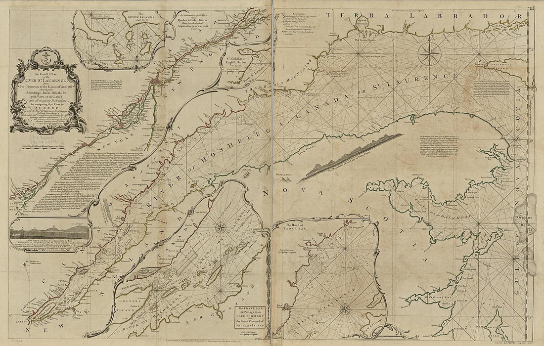 This old map of An Exact Chart of the River St. Laurence, from Fort Frontenac to the Island of Anticosti Shewing the Soundings, Rocks, Shoals &c With Views of the Lands and All Necessary Instructions for Navigating That River to Quebec from 1771 was crea