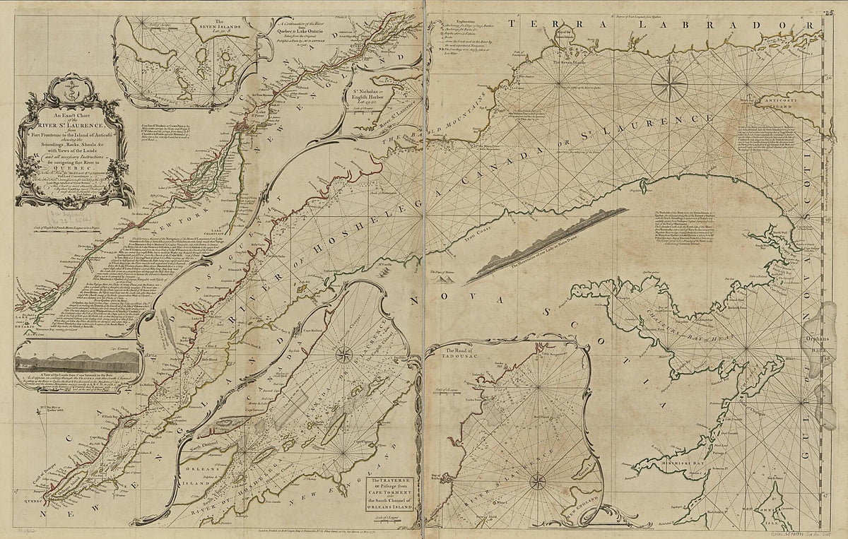 An Exact Chart of the River St. Laurence, from Fort Frontenac to the Island of Anticosti Shewing the Soundings, Rocks, Shoals &c With Views of the Lands and All Necessary Instructions for Navigating That River to Quebec 1771 by Relic Map Company