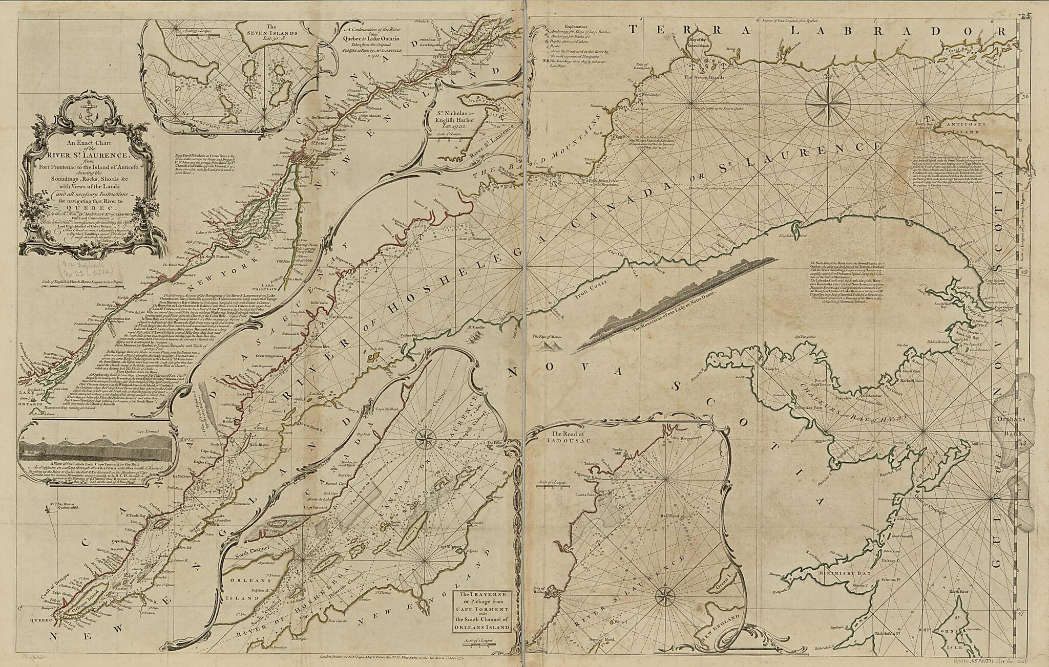 This old map of An Exact Chart of the River St. Laurence, from Fort Frontenac to the Island of Anticosti Shewing the Soundings, Rocks, Shoals &c With Views of the Lands and All Necessary Instructions for Navigating That River to Quebec from 1771 was crea