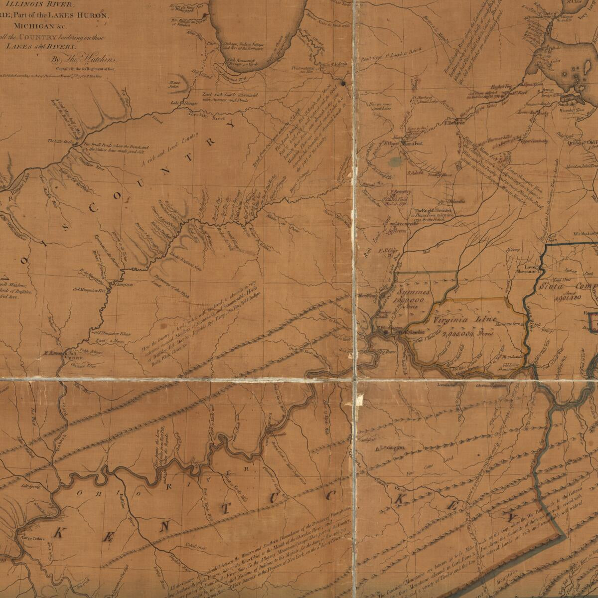 This old map of A New Map of the Western Parts of Virginia, Pennsylvania, Maryland and North Carolina; Comprehending the River Ohio, and All the Rivers, Which Fall Into It; Part of the River Mississippi, the Whole of the Illinois River, Lake Erie; Part o