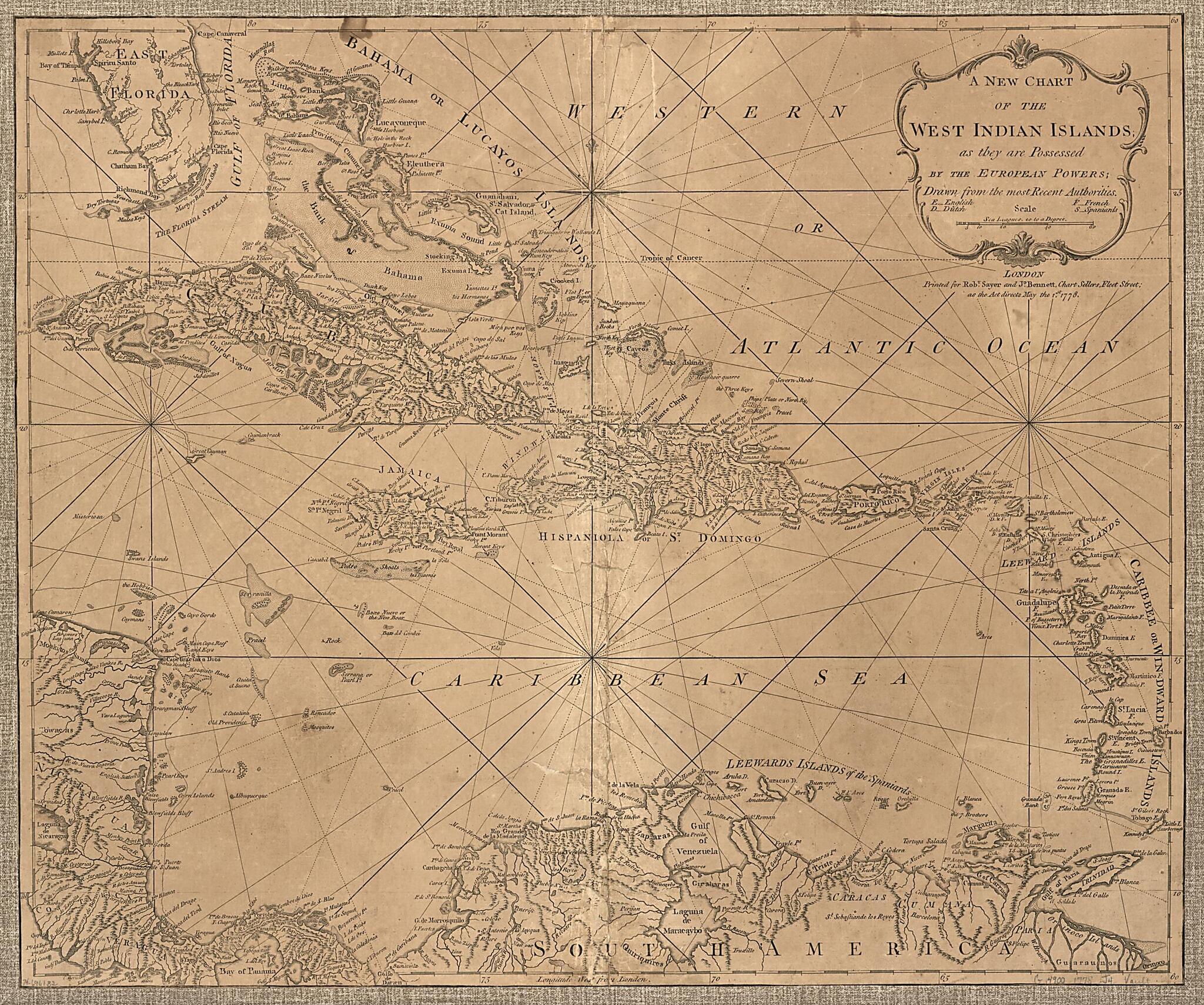 This old map of A New Chart of the West Indian Islands; from 1778 was created by Thomas Jefferys, Robert Sayer and John Bennett (Firm) in 1778