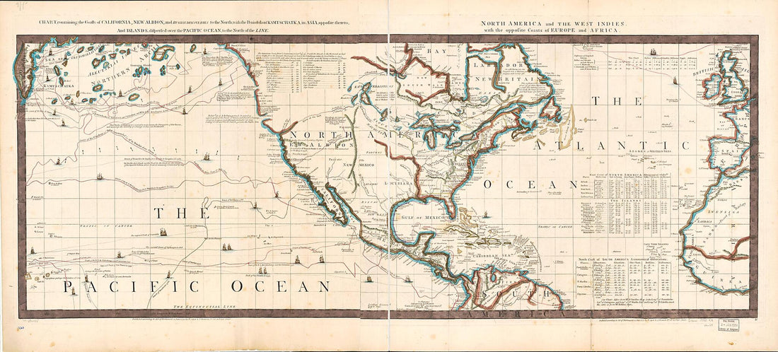 This old map of Chart, Containing the Coasts of California, New Albion, and Russian Discoveries to the North; With the Peninsula of Kamtschatka, In Asia, Opposite Thereto; and Islands, Dispersed Over the Pacific Ocean, to the North of the Line. North Ame